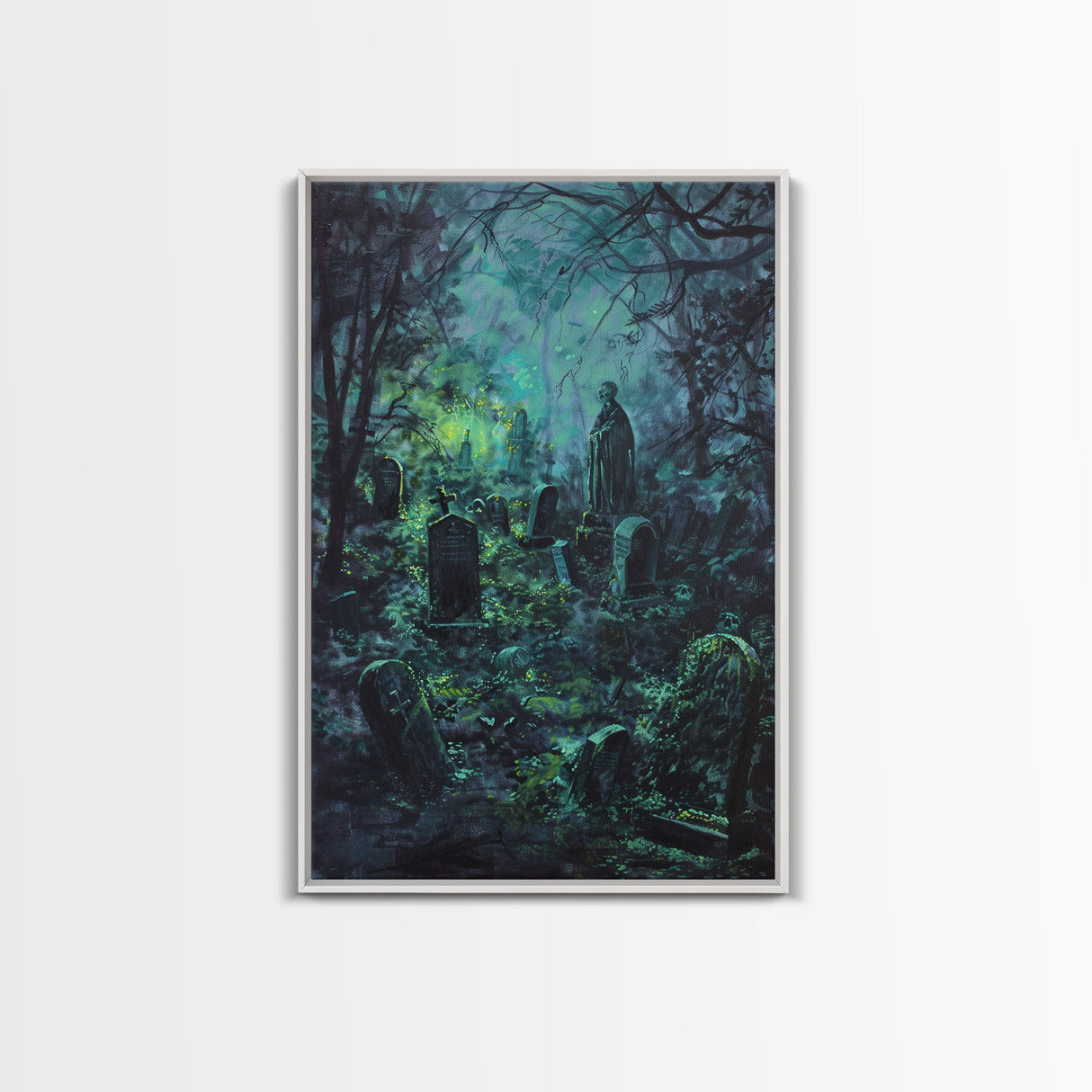 Spooky Cemetery with Glowing Lights Framed Canvas Print, Wall Art, Halloween Graveyard Art, Eerie Home Decor, Haunted Forest Painting