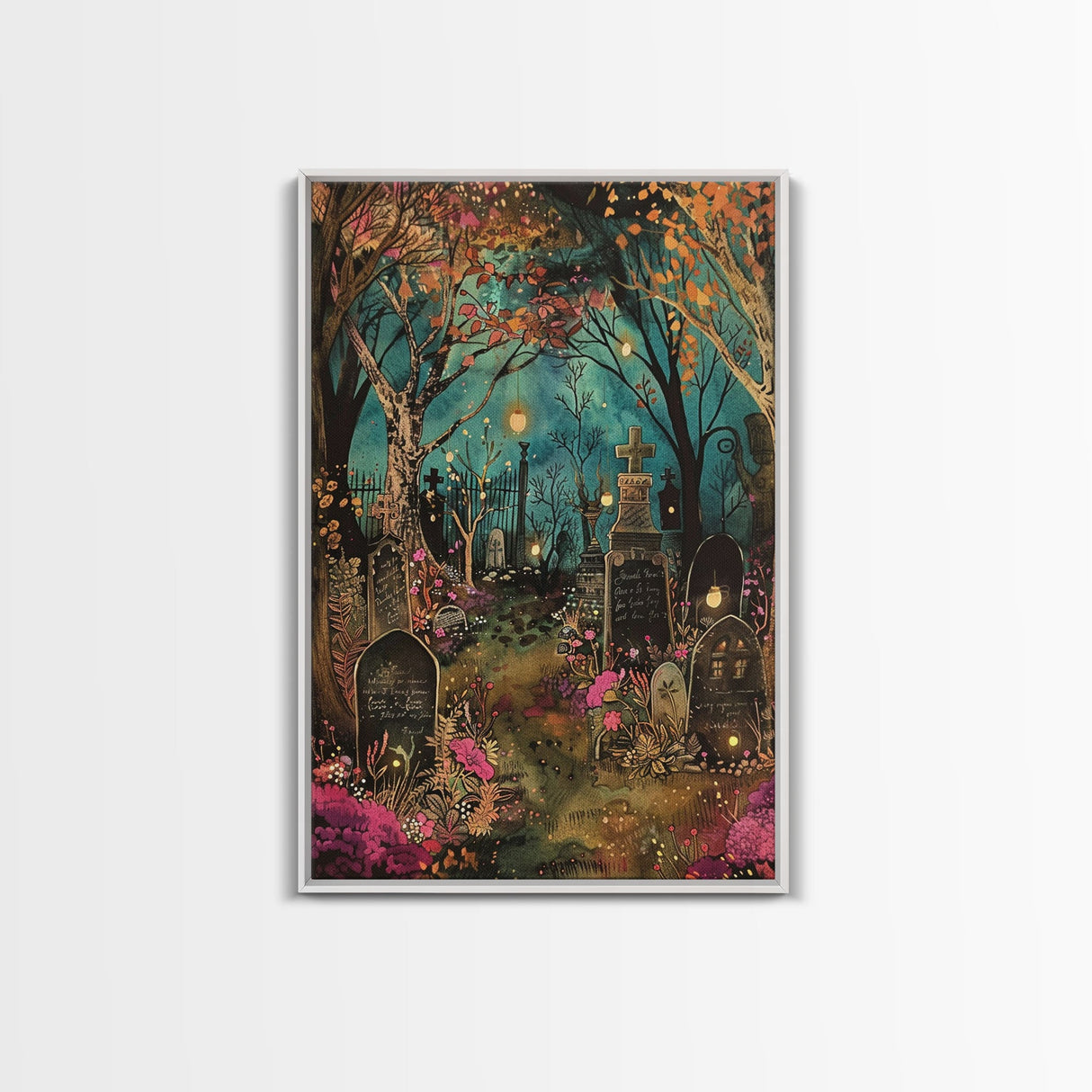 Gate to Haunted Cemetery Framed Canvas Print, Wall Art, Spooky Graveyard Art, Eerie Home Decor, Halloween Forest Painting, Spooky Graveyard
