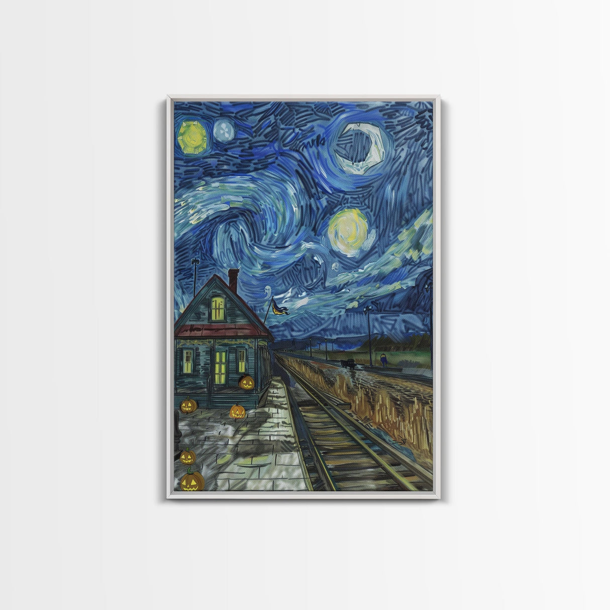 Enchanted Graveyard with Lanterns Framed Canvas Print, Wall Art, Spooky Home Decor, Halloween Cemetery Art, Mystical Art, Haunted Graveyard