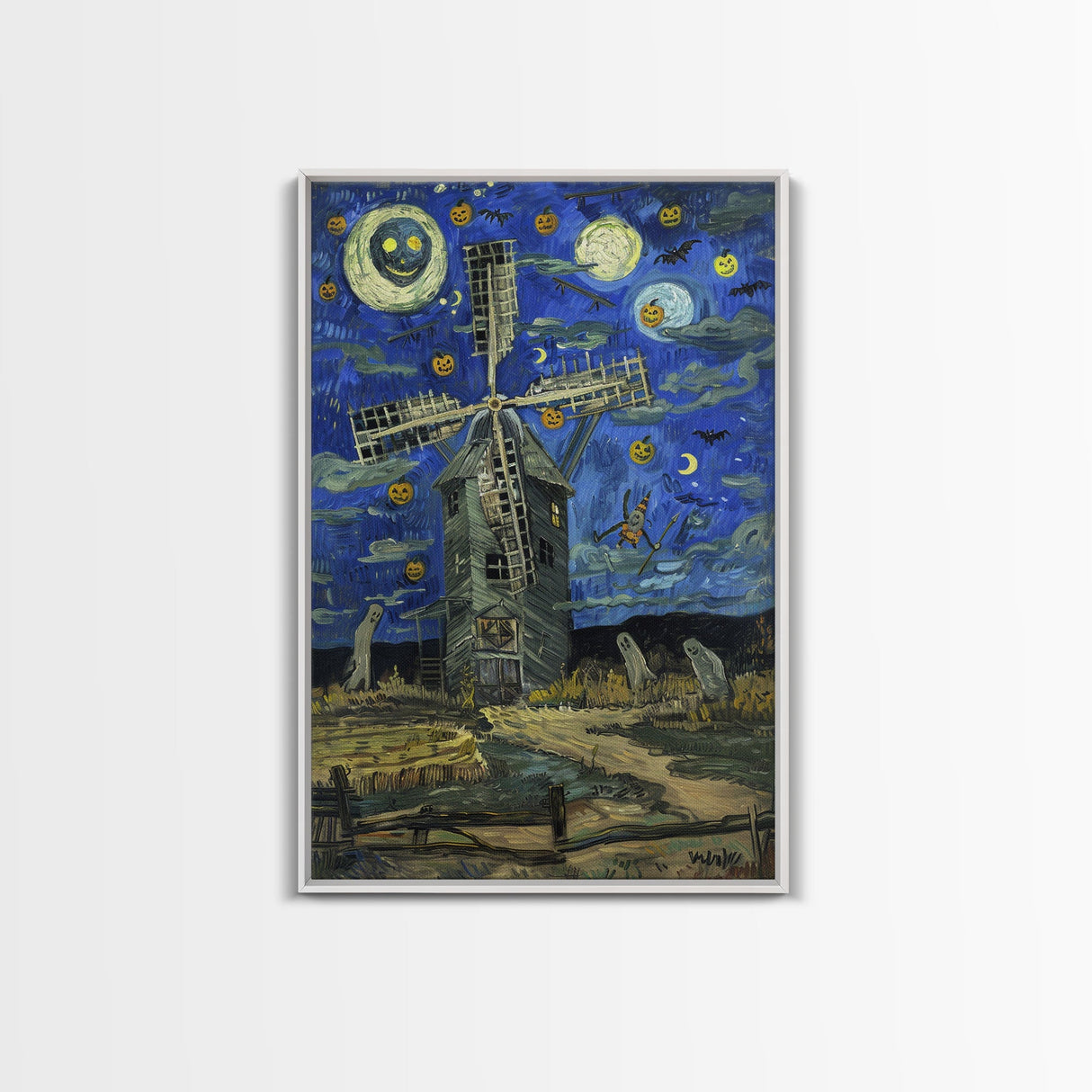 Haunted Railway Station with Pumpkins Framed Canvas Print, Wall Art, Spooky Home Decor, Halloween Train Station Art, Eerie Painting