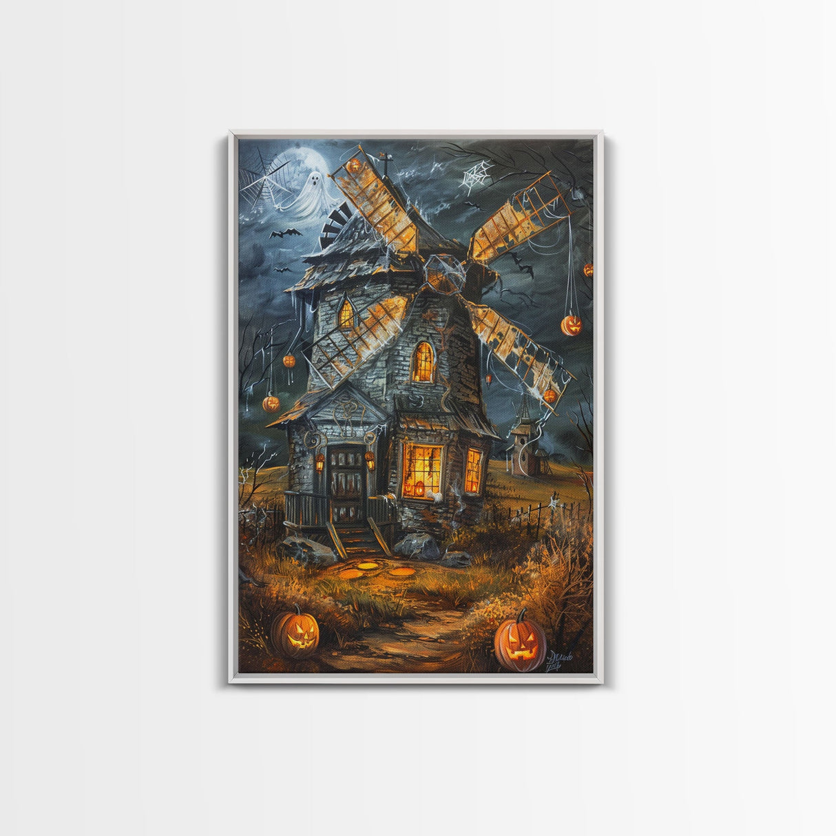 Spooky Windmill with Pumpkins Framed Canvas Print, Wall Art, Halloween Home Decor, Haunted Windmill Painting, Eerie Artwork, Halloween
