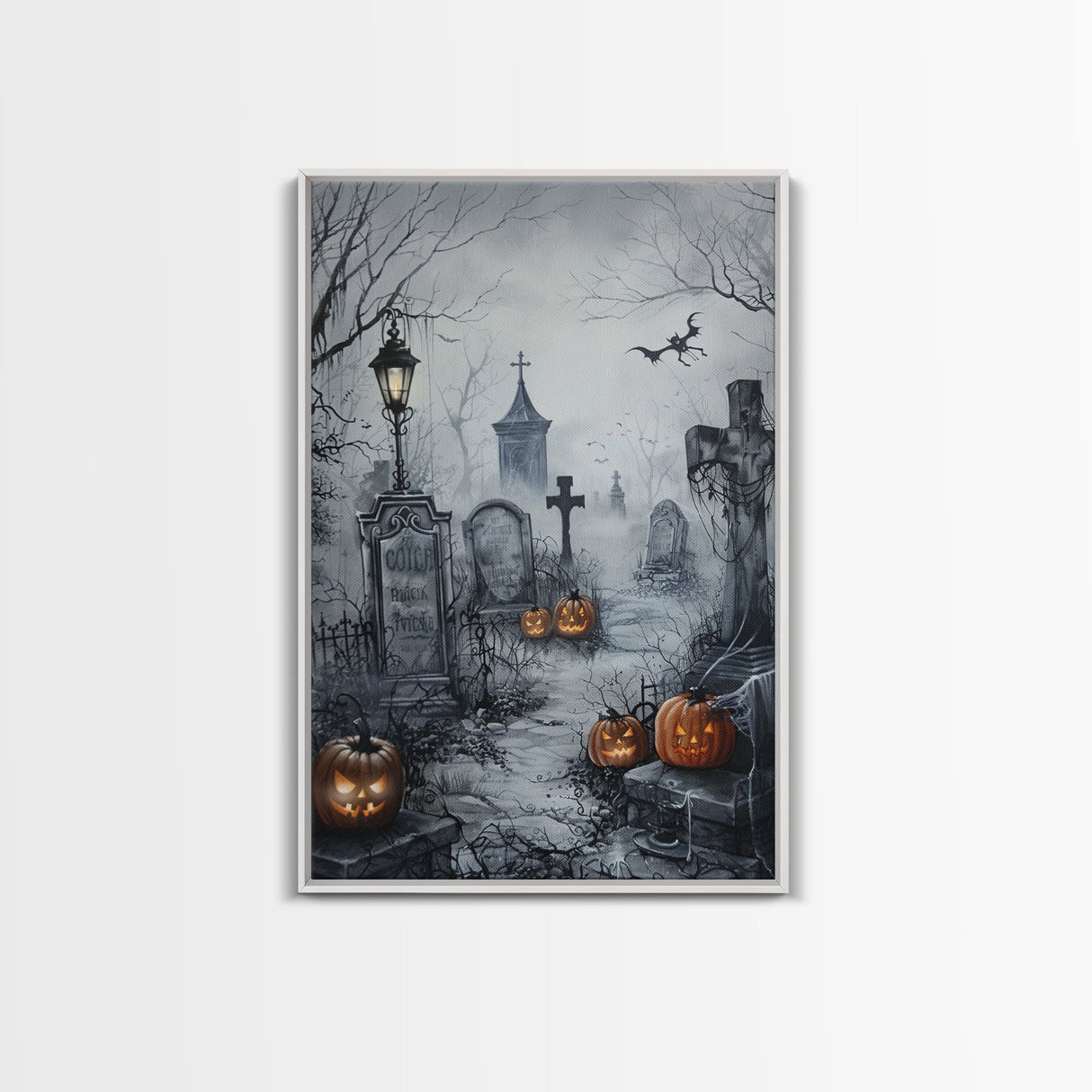 Eerie Graveyard with Pumpkins Framed Canvas Print, Halloween Wall Art, Spooky Cemetery, Home Decor, Gothic Artwork, Living Room Art, Creepy