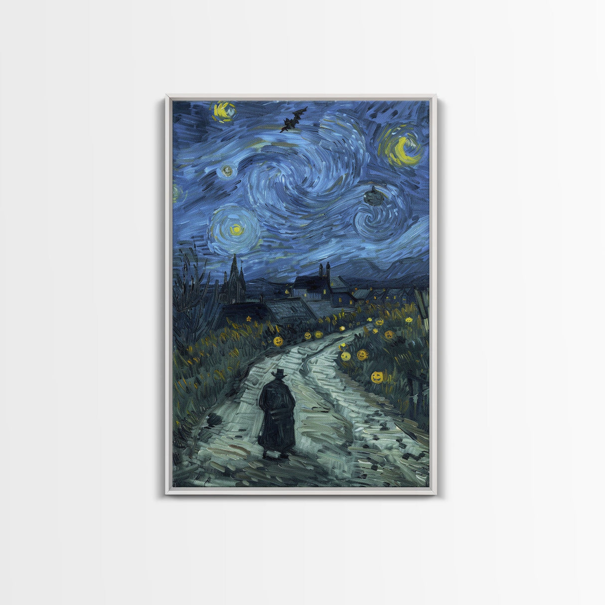 Haunted Road with Jack-O-Lanterns Framed Canvas Print, Halloween Wall Art, Starry Night Inspired, Home Decor, Spooky Art, Living Room Decor