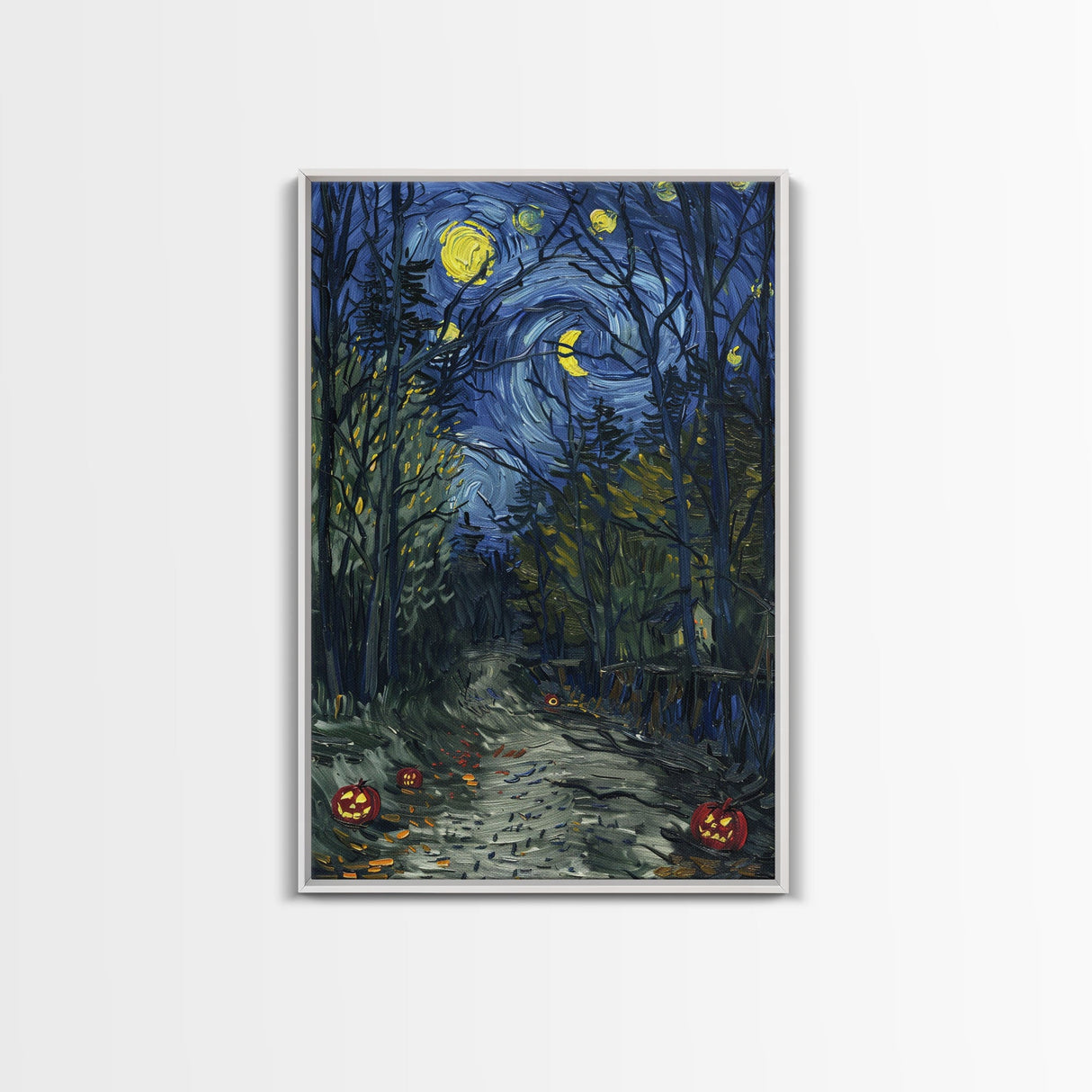 Dark Forest Path with Pumpkins Framed Canvas Print, Halloween Wall Art, Starry Night Inspired, Home Decor, Spooky Art, Living Room Decor