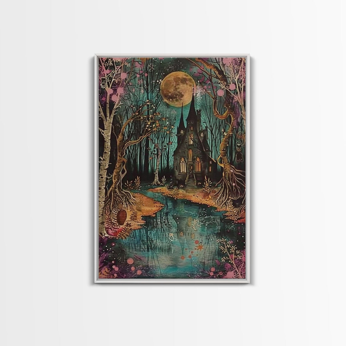Haunted Castle by the Lake Framed Canvas Print, Halloween Wall Art, Spooky Art, Home Decor, Living Room Decor, Gothic Artwork, Creepy Castle