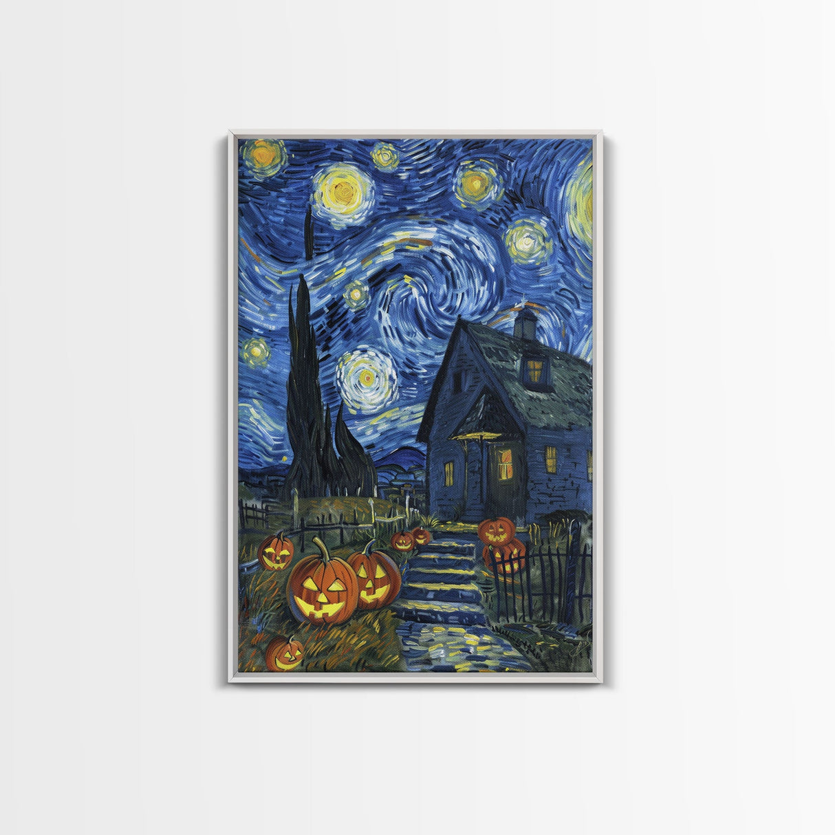 Spooky Starry Night with Jack-O-Lanterns Framed Canvas Print, Halloween Wall Art, Starry Night Inspired, Home Decor, Spooky Art, Living Room