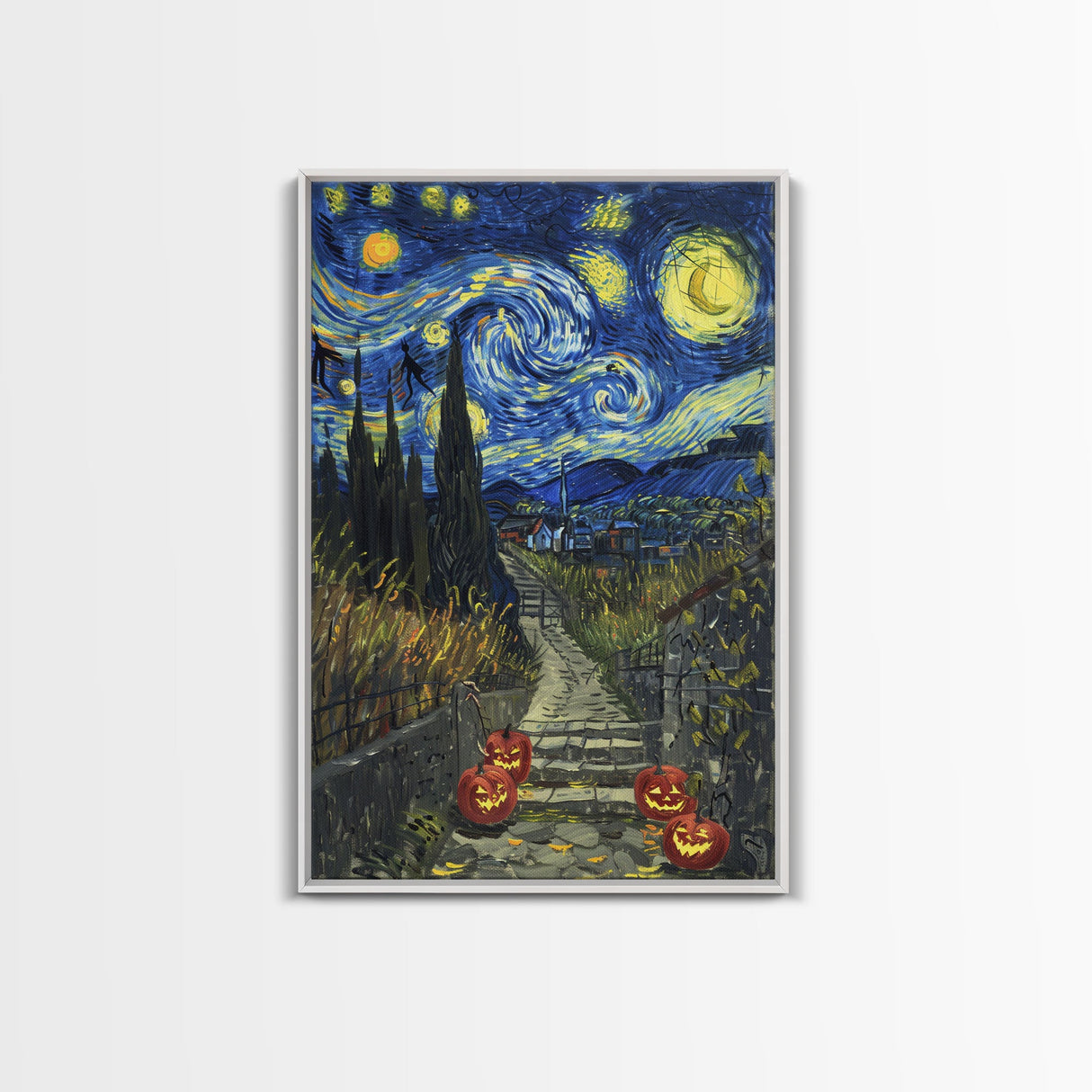 Spooky Starry Night Inspired Haunted Grave Yard Framed Canvas Print, Spooky Season Halloween Art