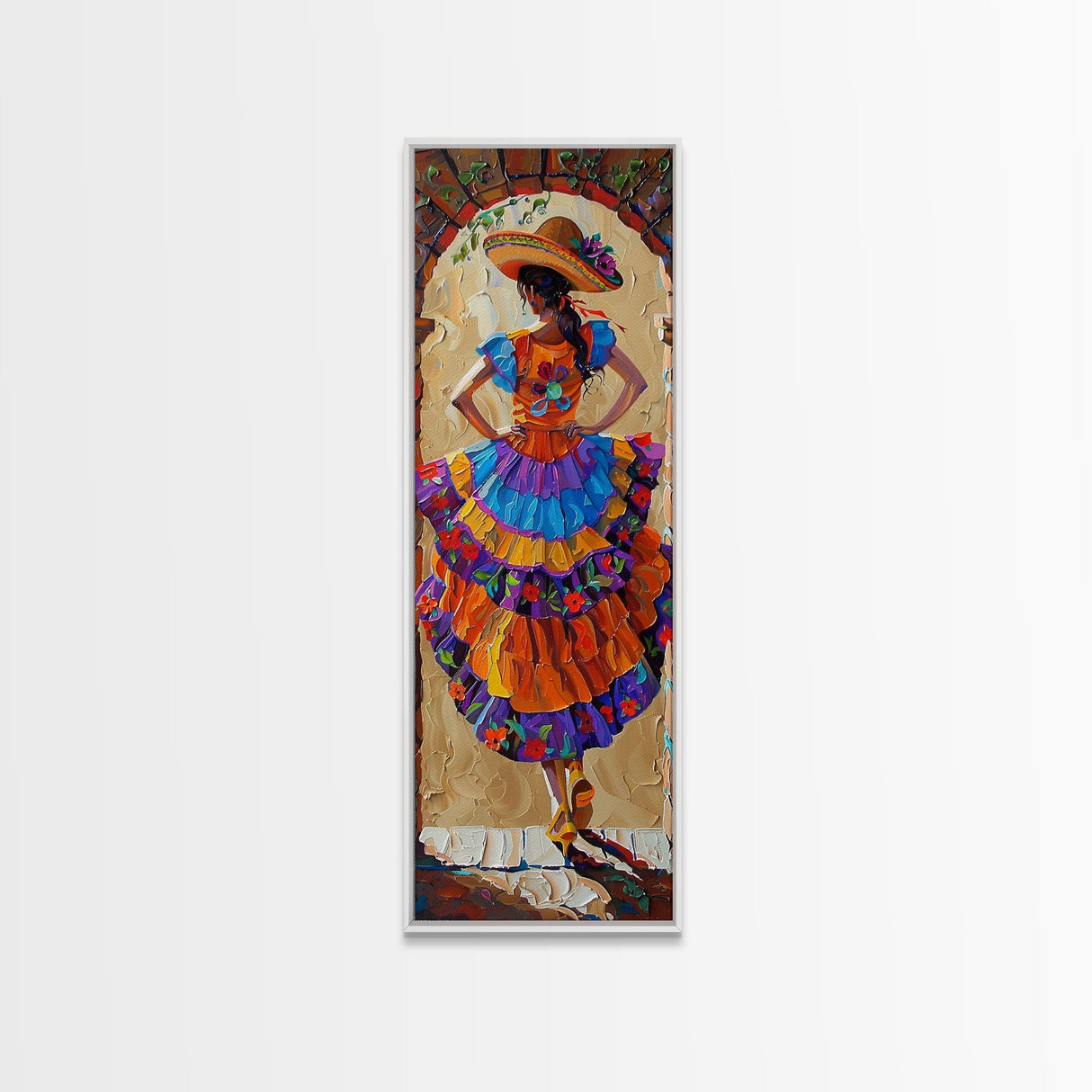 Jalisco Mexican Dancer Textured Oil Painting Printed and Framed on Canvas, Vertical Narrow Art Print, Mexican Inspired Home Decor