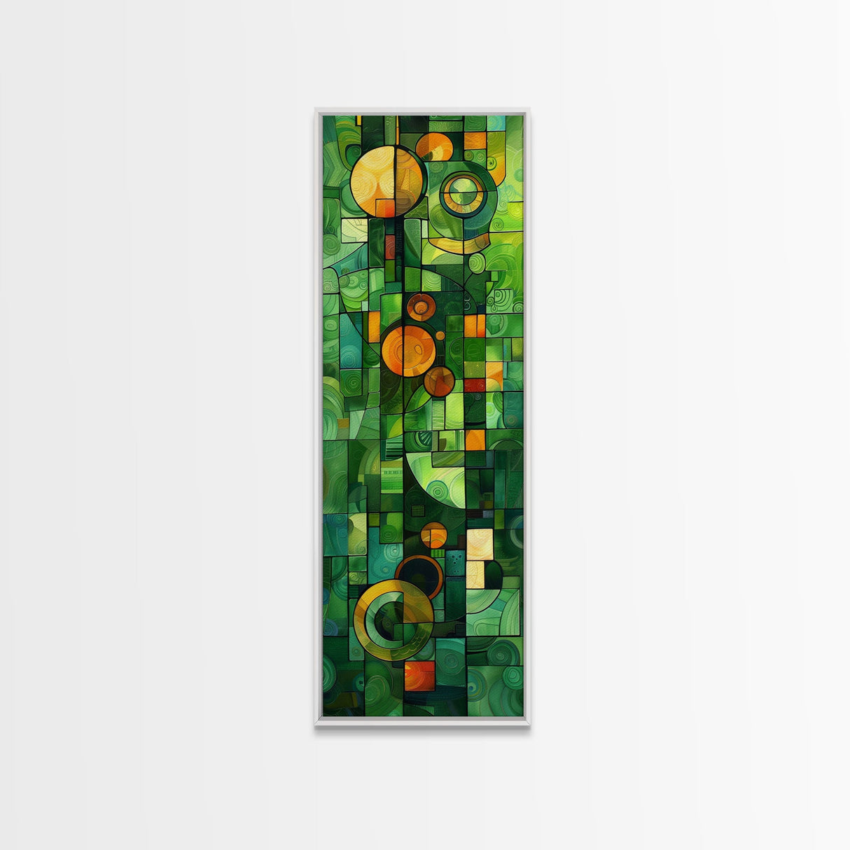 Geometric Abstract Art in Green and Yellow Tones - Framed Canvas Print, Midcentury Modern Art, Skinny Art, Tall Art, Living Room Wall Decor, Boho Art