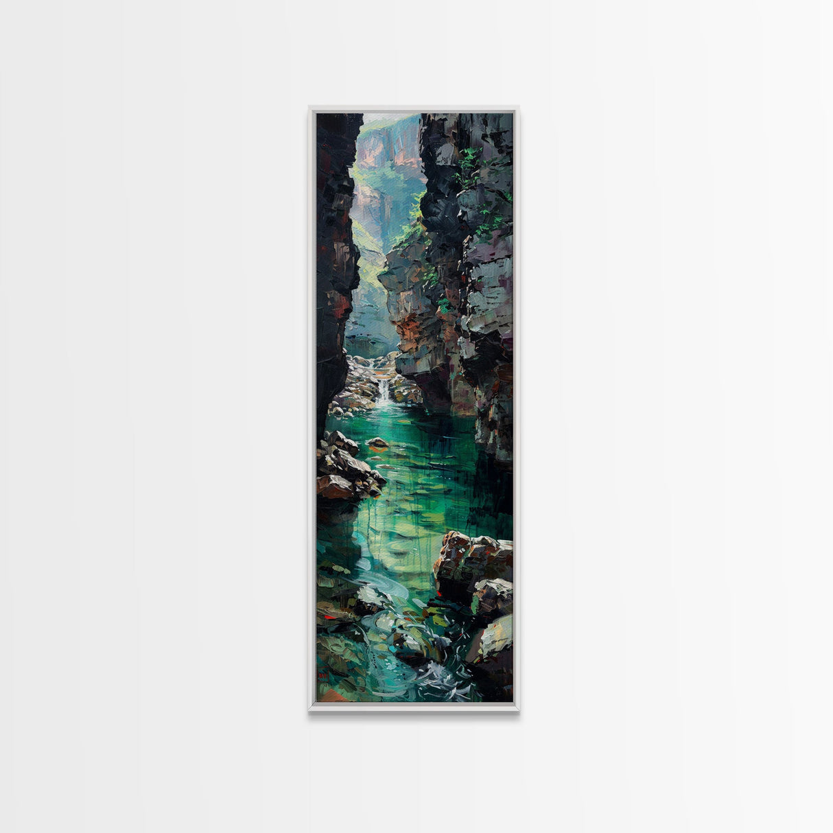 Serene Mountain River Gorge Scene Skinny Art Framed Canvas Print For Living Room Or Bedroom Wall Decor