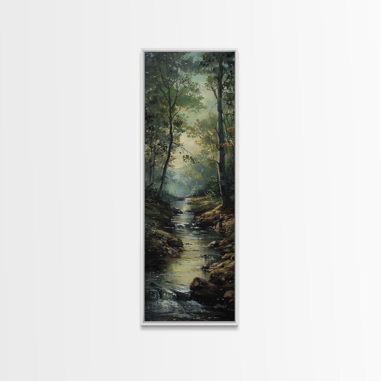 Peaceful Forest Stream in the Early Morning Light, Skinny and Tall Art, Framed Canvas Print, Cozy Wall Art Decor