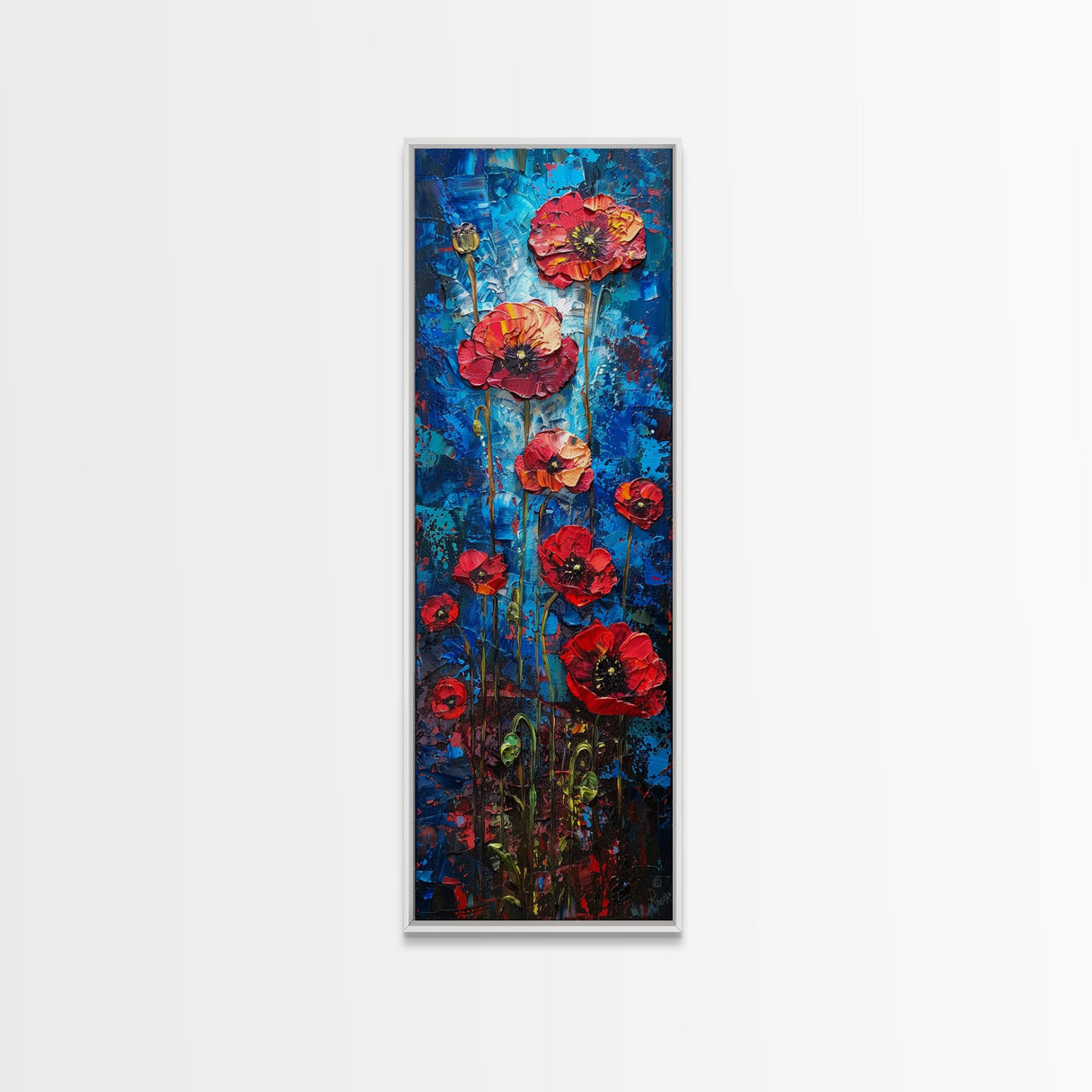 Red Poppies on Textured Blue Canvas as Tall Skinny Art Framed Canvas Print Perfect for Bold Wall Decor in Modern Spaces