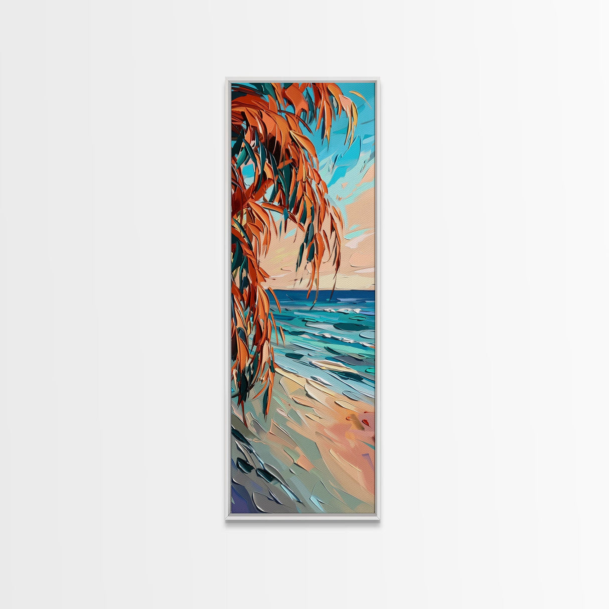 Expressive Coastal Shoreline Landscape in Blue and Orange, Abstract Painting on Framed Canvas Print, Perfect for Beach-Themed Wall Art