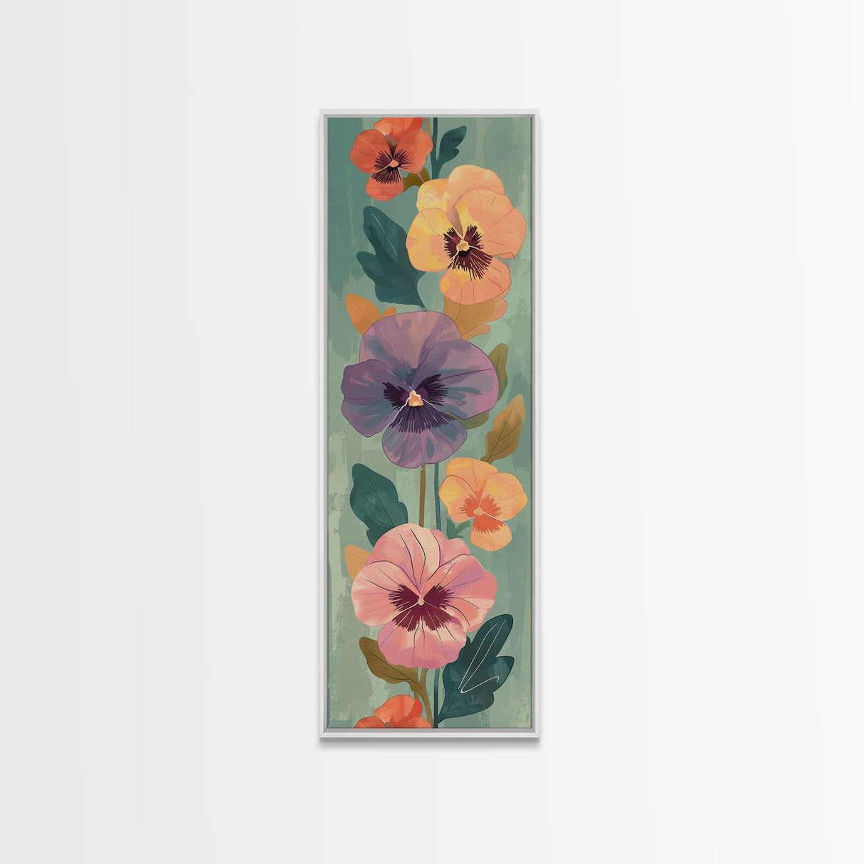Skinny Art Delicate Pansies In Japanese Style Wood Block Print Soft Pastel Colors On Framed Canvas Print, Tall Art Ukiyo-e