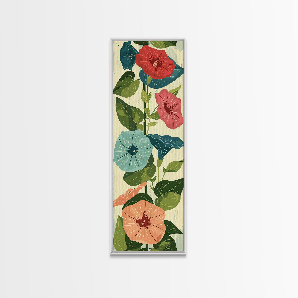 Morning Glory Flowers In Vibrant Red And Blue Shades Tall Art Skinny Art Framed Canvas Print Japanese Style Art Ukiyo-e Wood Block Print