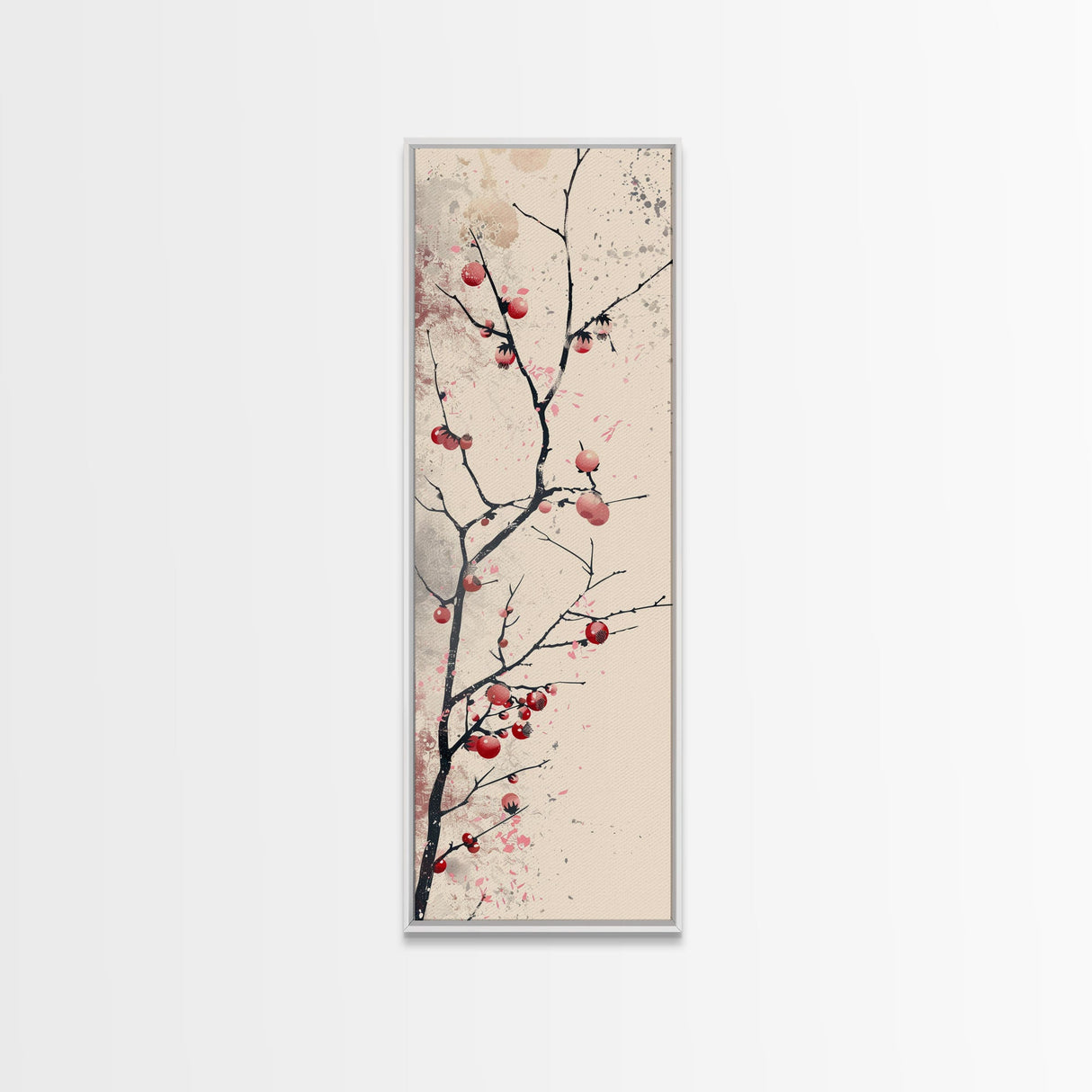 Minimalist Japanese Tree Branch With Red Berries, Ukiyo-e Woodblock Style Canvas, Framed Canvas Print, Japanese Tall Skinny Wall Art, Ready To Hang