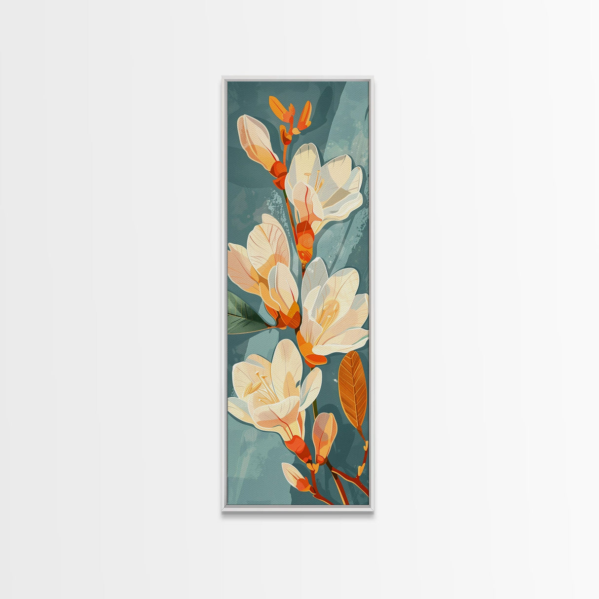 Light Cream Magnolia Blooms On Abstract Background Skinny Art Tall Art Framed Canvas Print Japanese Style Art Ukiyo-e Art Wood Block Print Delicate Decorative