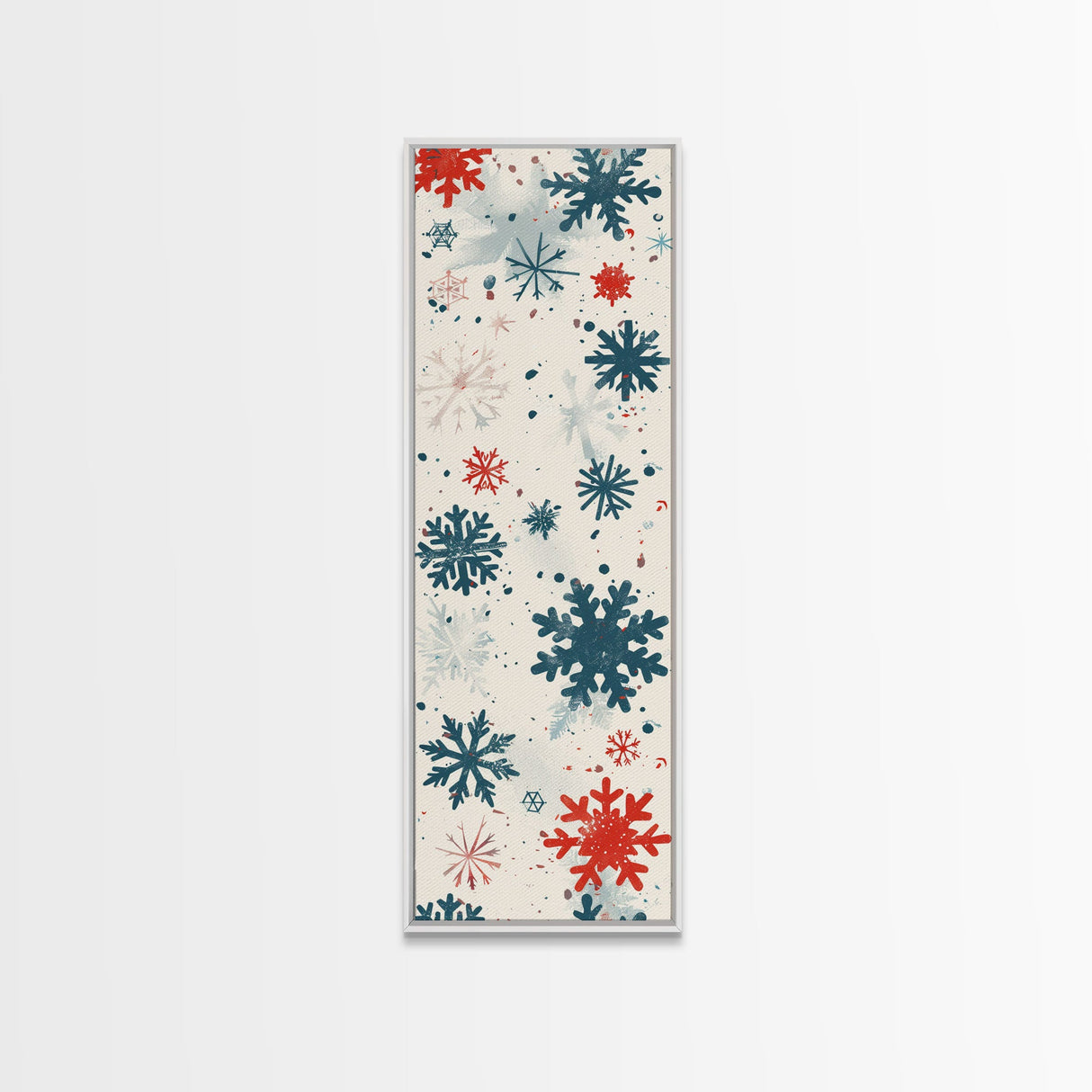 Festive Snowflakes In Red, Blue, And White On A Cream Background, Skinny Art Tall Wall Art Framed Canvas Print Japanese Style Art