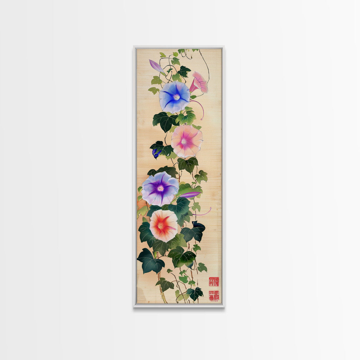Morning Glories On Wooden Background Ukiyo-e Wall Art Framed Canvas Print Japanese Style Skinny Art Wood Block Print Tall Art