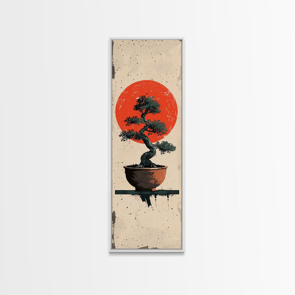 Canvas Print Bonsai Tree Silhouette Against Red Sun, Minimalistic Japanese Style Art For Modern Home, Wall Decoration