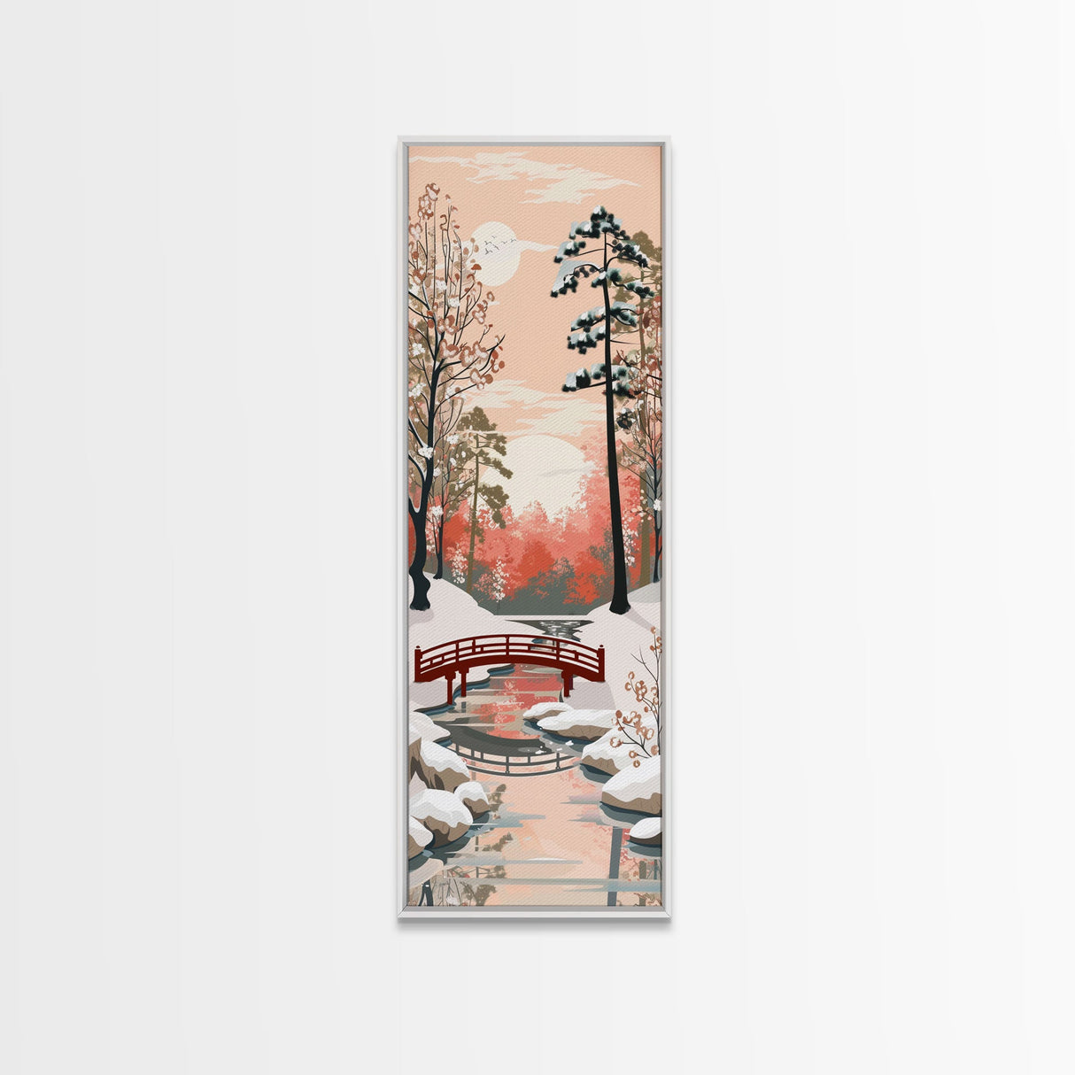 Serene Japanese Winter Landscape Highlighting A Red Bridge Snow-Covered Pines Under A Peaceful Sky Tall Framed Canvas Print Nature Scene
