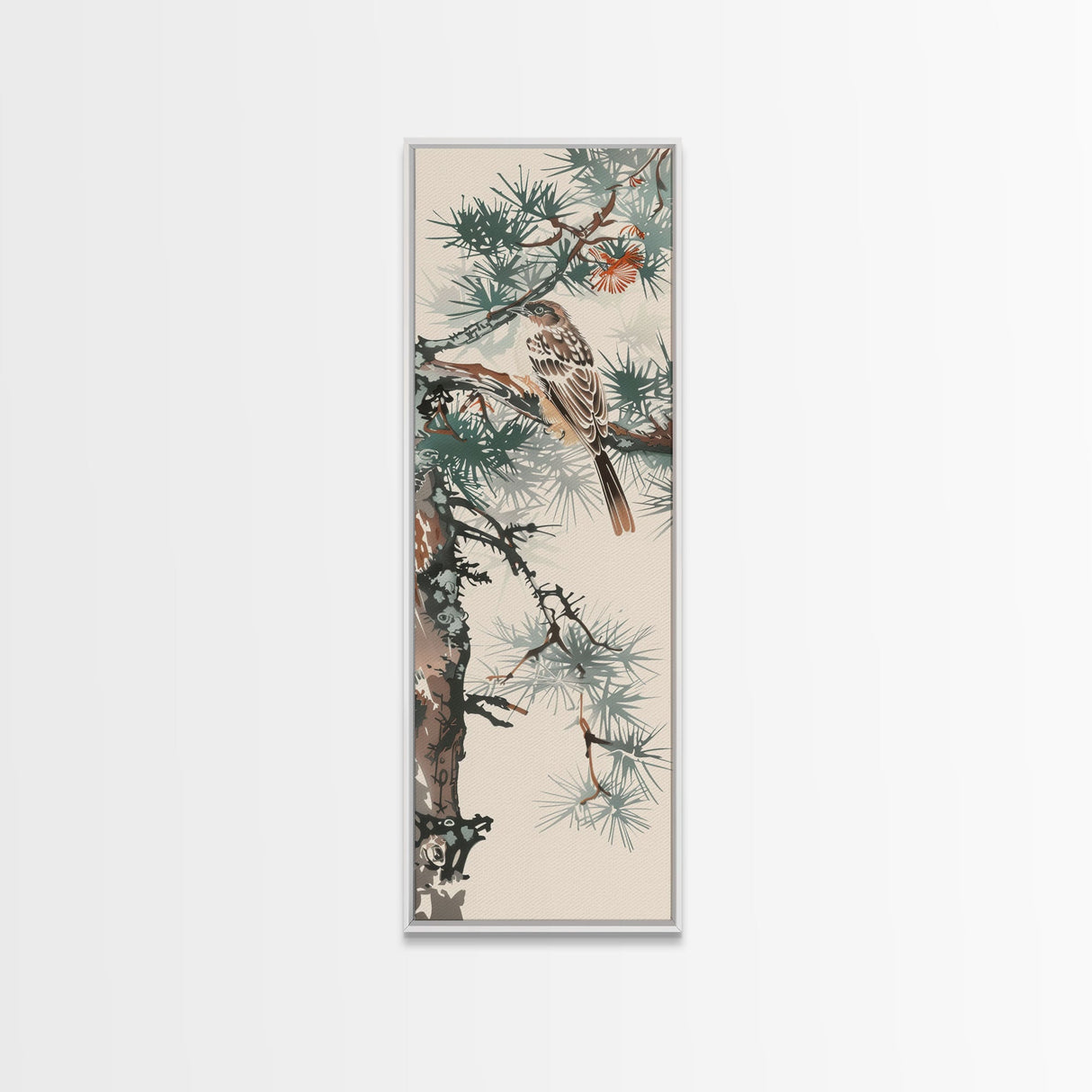Canvas Print Sparrow Perched On Pine Tree Branch, Subtle And Serene Japanese Nature Scene For Tranquil Home Decor, Wall Decoration