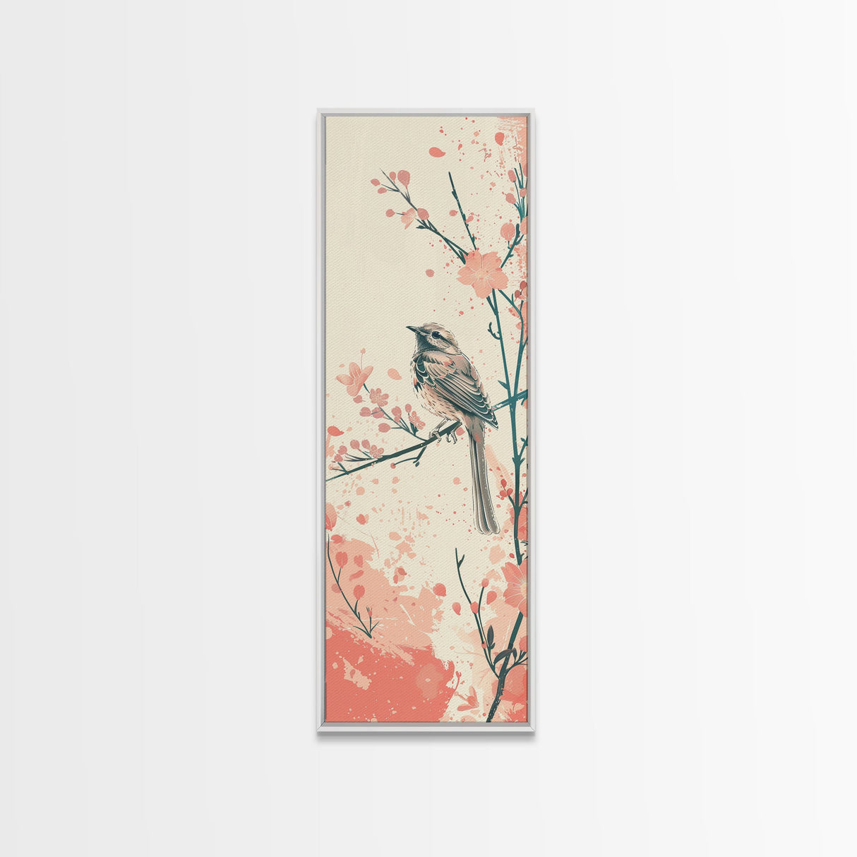 Perched Bird Among Blossoming Cherry Branches – Framed Canvas Print With Skinny Art And Tall Art Inspired By Ukiyo-E Art And Japanese Style Art