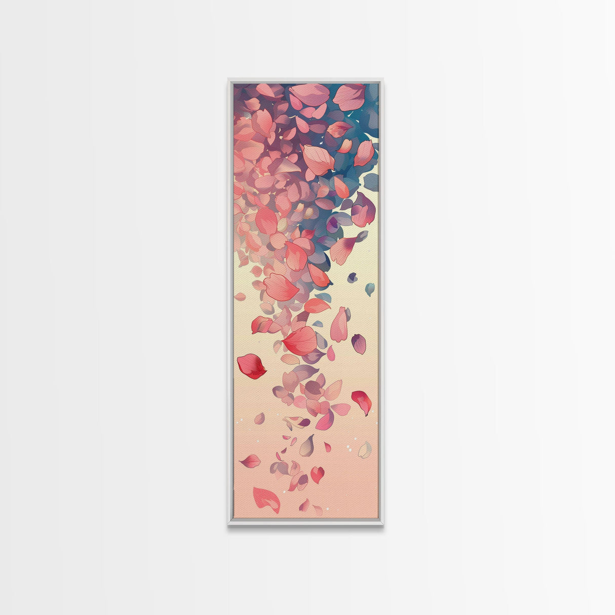 Cascading Pink Petals In Delicate Canvas, Tall Skinny Framed Wall Art For Feng Shui-Inspired Spaces, Japanese Style Art