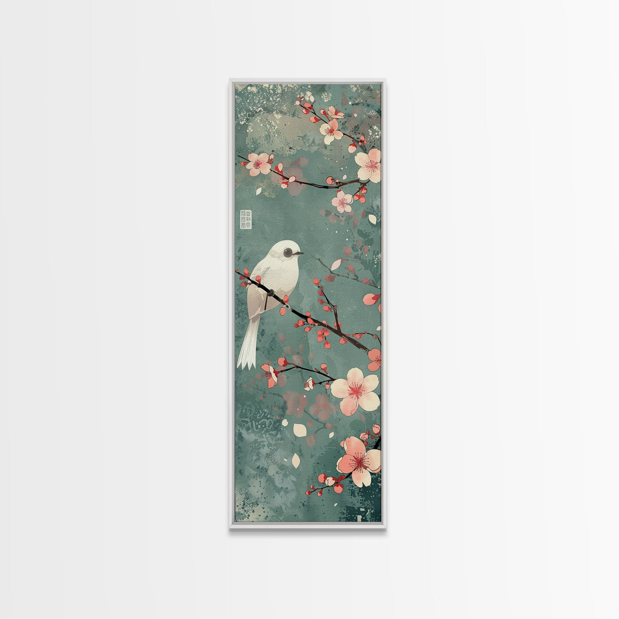 White Bird Perched On A Branch With Blossoms – Framed Canvas Print Combining Skinny Art And Tall Art Inspired By Ukiyo-E Art And Japanese Style Art