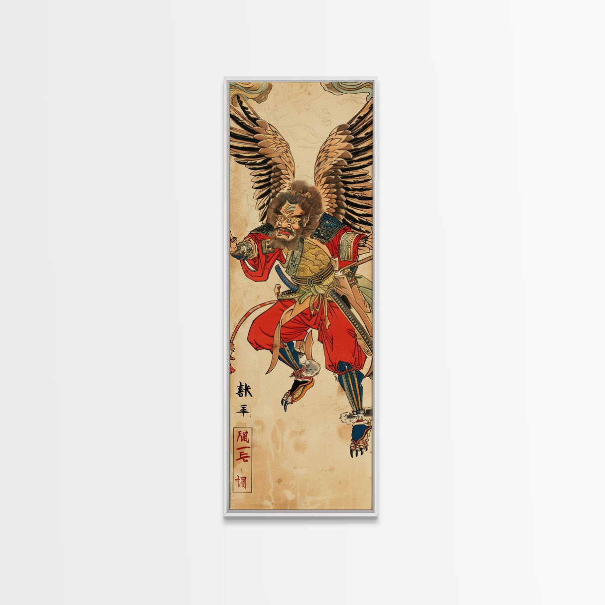 Samurai Warrior With Eagle Wings - Skinny Art Tall Art Framed Canvas Print Japanese Style Art Ukiyo-e Art