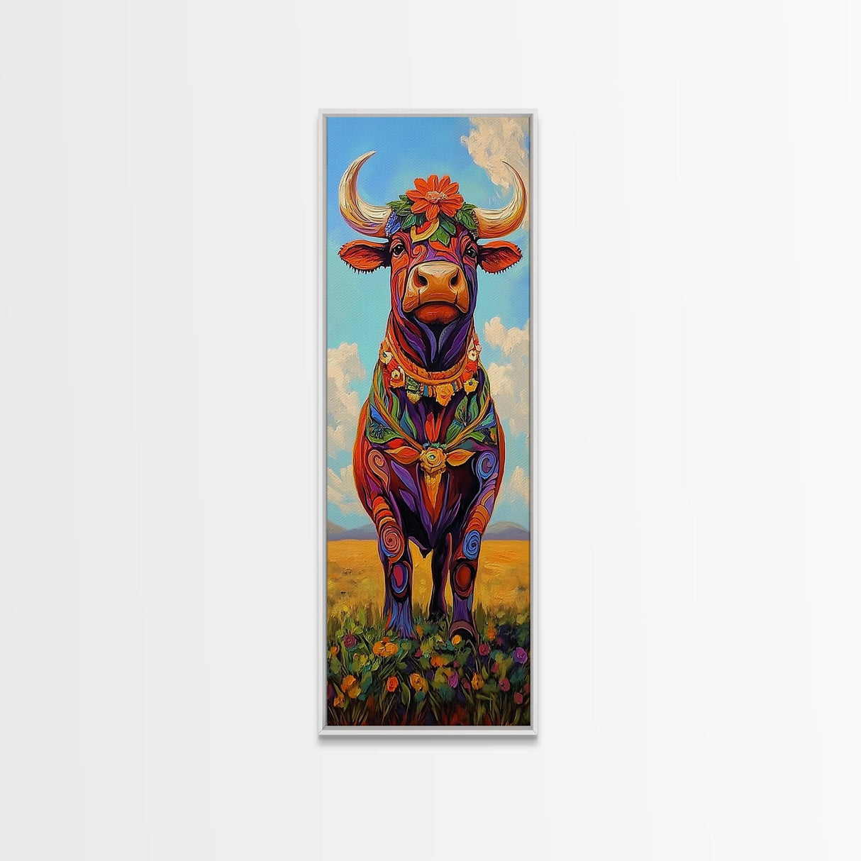 Colorful Cow Painting Framed Canvas Print Whimsical Art Rustic Decor Folk Art Southwest Wall Art Boho Art Gift Idea
