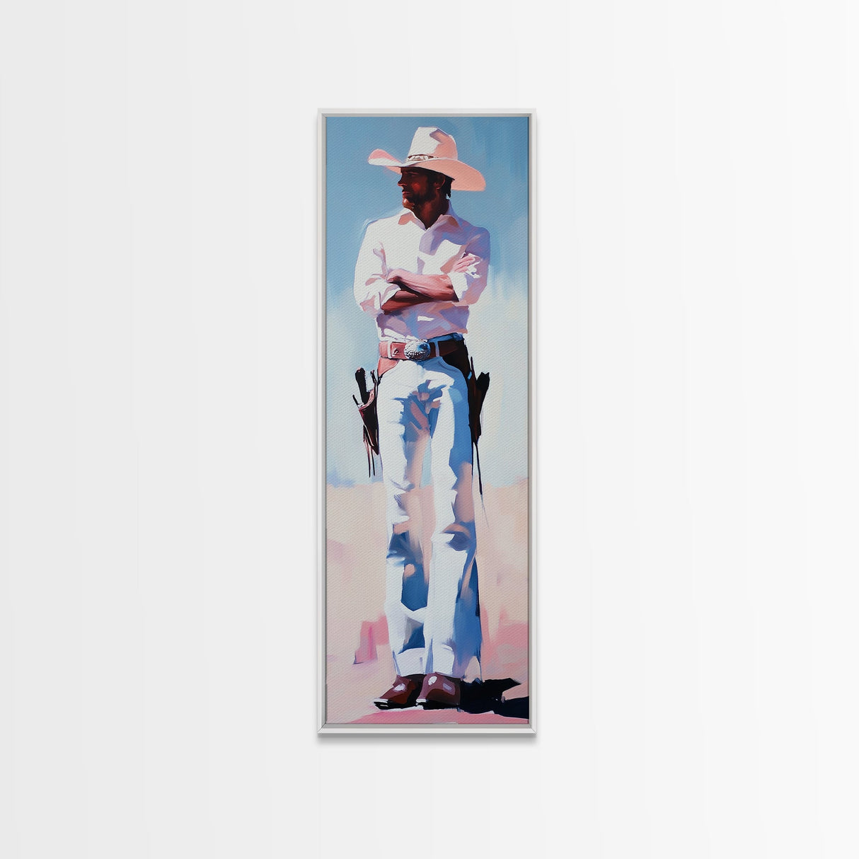 Western Cowboy in White Framed Canvas Print, Rustic Wall Art, Moody Art, Southwest Wall Art, Vintage Horse Art, Extra Wide Art