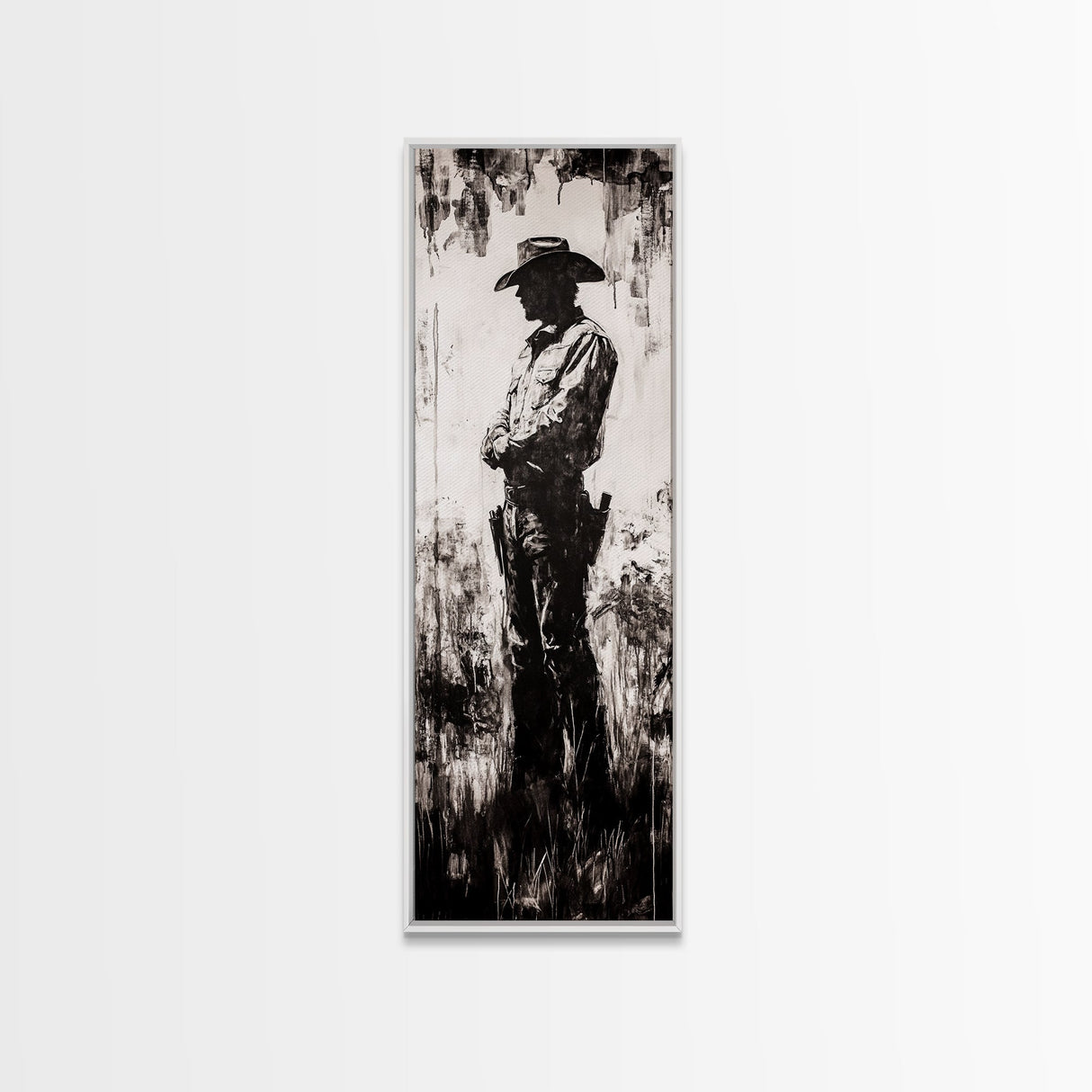 Black and White Cowboy Art Framed Canvas Print, Rustic Wall Art, Moody Art, Southwest Wall Art, Vintage Horse Art, Tall Narrow Art