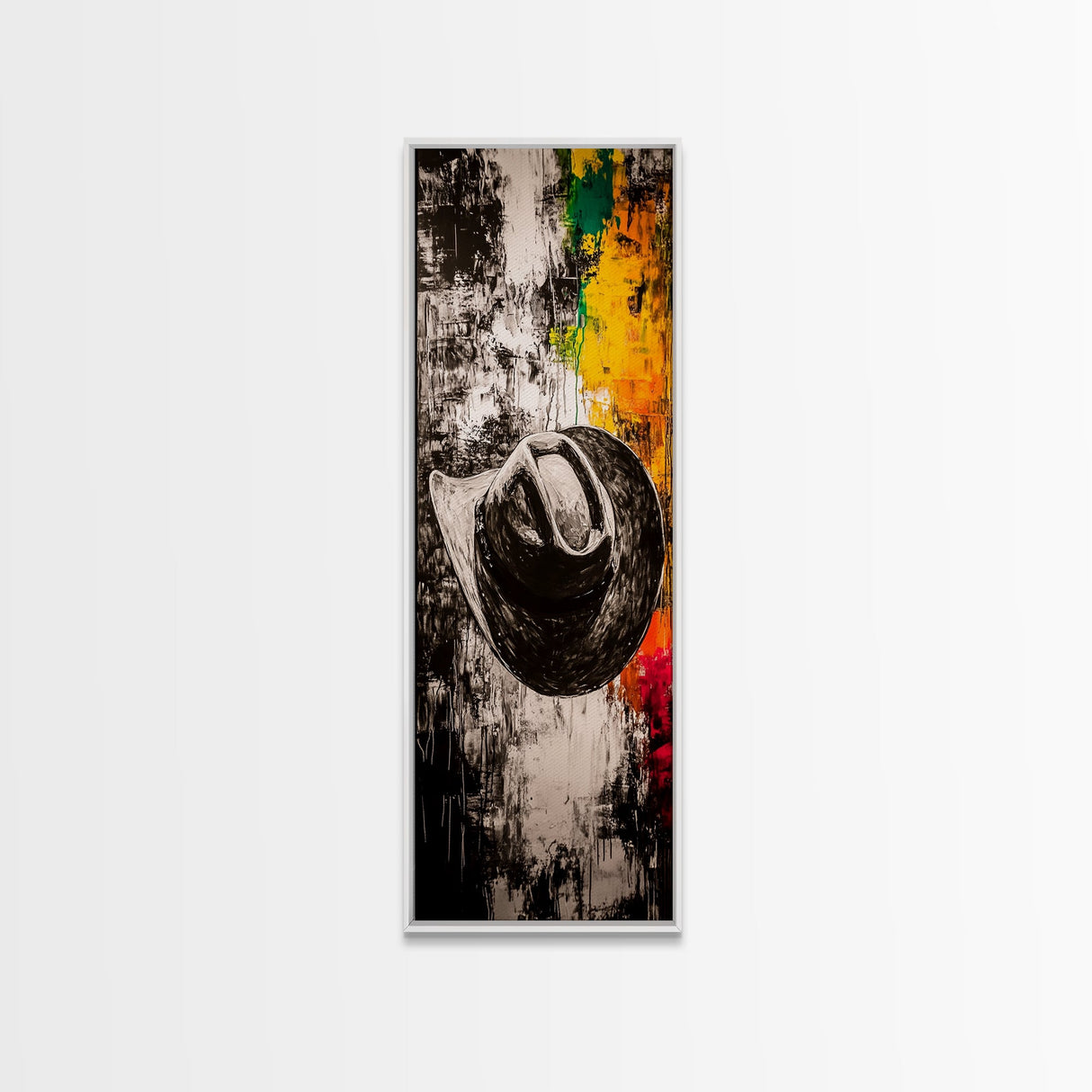 Black and White Cowboy Hat Framed Canvas Print, Moody Art, Southwest Wall Art, Rustic Wall Art, Wabi Sabi Art, Extra Wide Art