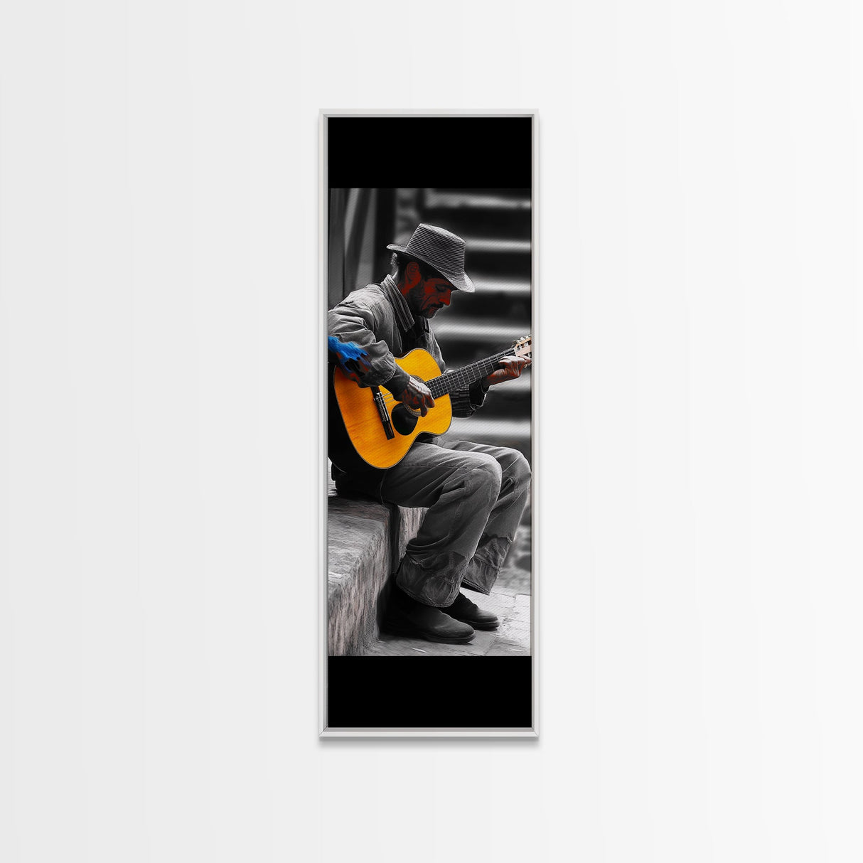 Street Musician with Guitar Framed Canvas Print | Moody Urban Wall Art | Rustic Decor | Music Art | Farmhouse Wall Art | Gift Idea