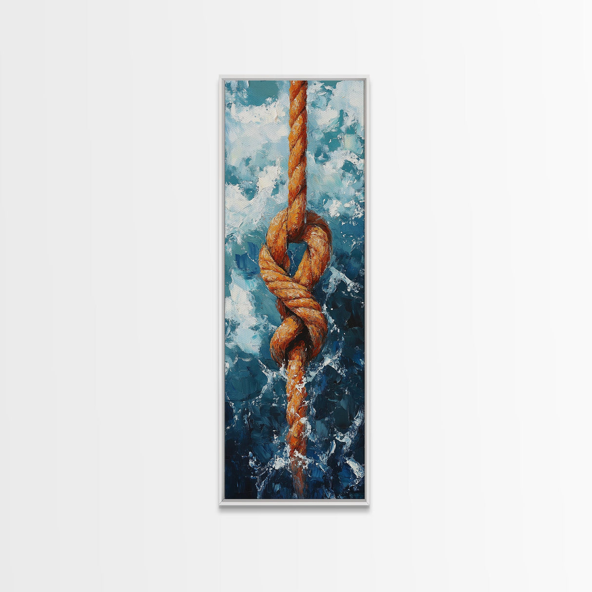 Nautical Rope Knot Painting Framed Canvas Print, Coastal Wall Art, Nautical Decor, Maritime Wall Art, Surf Wall Art, Ocean Art, Extra Wide Art, Rustic Wall Art, Moody Art, Above Couch Art, Gift Idea, Original Painting, Panoramic Art
