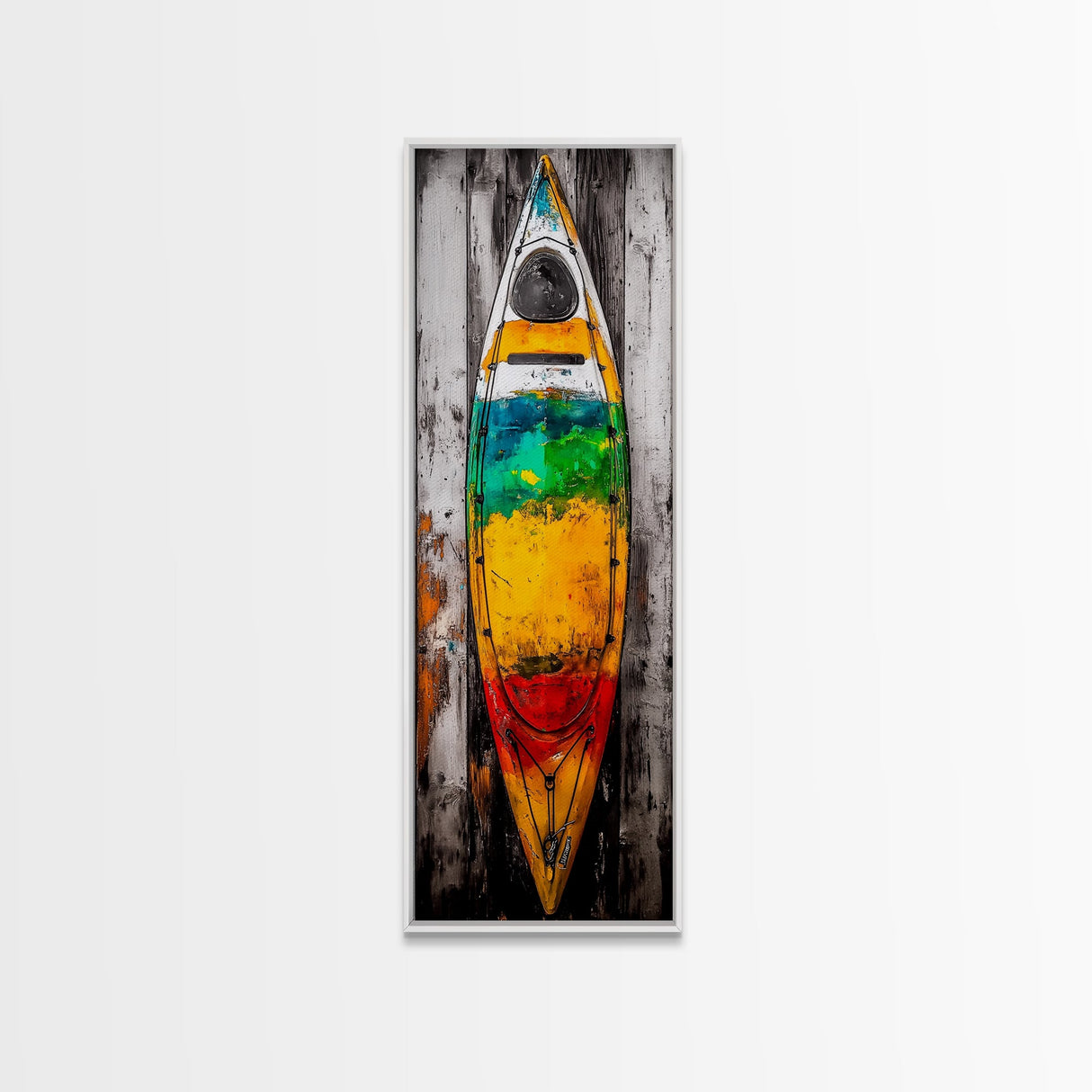 Vibrant Canoe Painting Canvas Print Coastal Landscape Art Nautical Decor Rustic Wall Art Living Room Art Tall Narrow Art