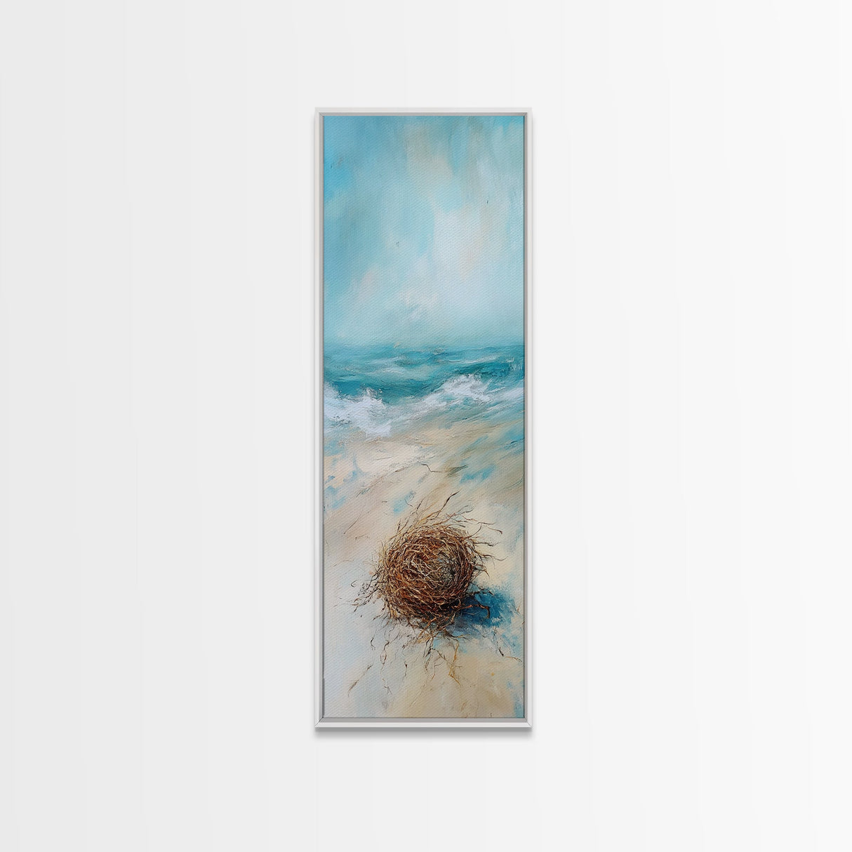 Serene Beach Nest Framed Canvas Print coastal landscape art wabi sabi wall art minimalist art nautical decor ocean painting seascape