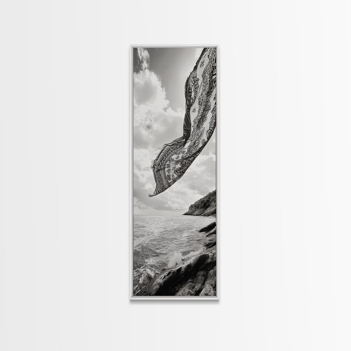 Flowing Fabric Over Ocean, Framed Canvas Print, wabi sabi art, coastal decor, boho art, minimalist art, above couch art, panoramic painting