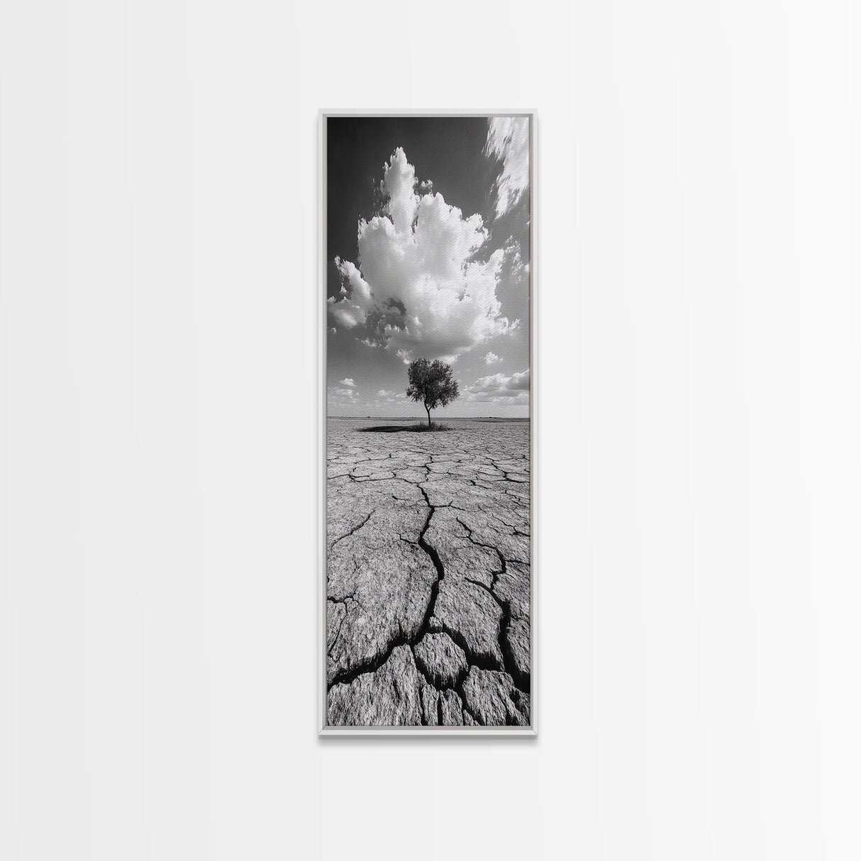 Lone Tree, Cracked Earth, Framed Canvas Print, wabi sabi art, moody art, landscape painting, above bed wall art,minimalist art, extra wide art