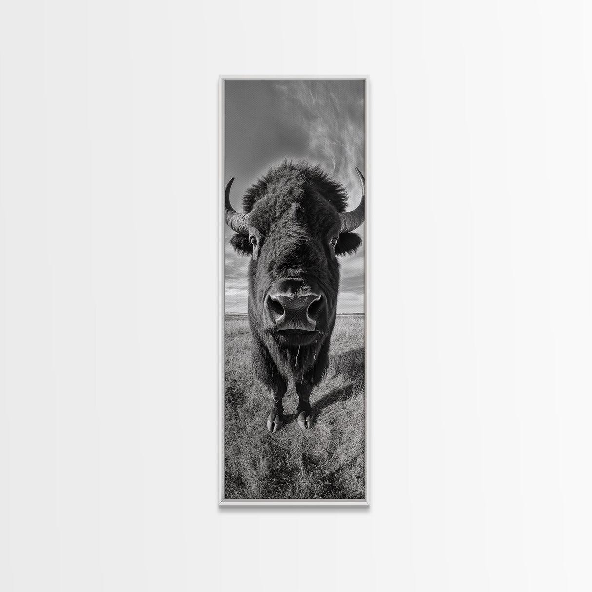 Majestic Bison Close-Up, Framed Canvas Print, rustic wall art, cowboy home décor, wildlife photography, farmhouse art, black and white photography