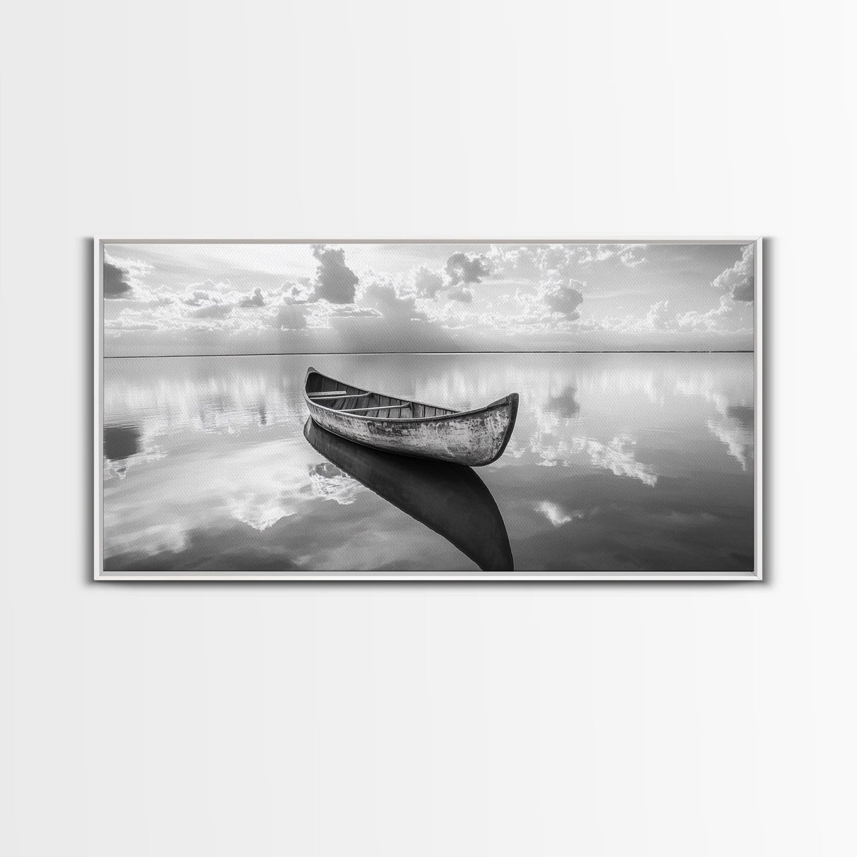 Tranquil Canoe Reflection, lake Tahoe art, nautical decor, seascape painting, coastal landscape art, panoramic painting, framed canvas print