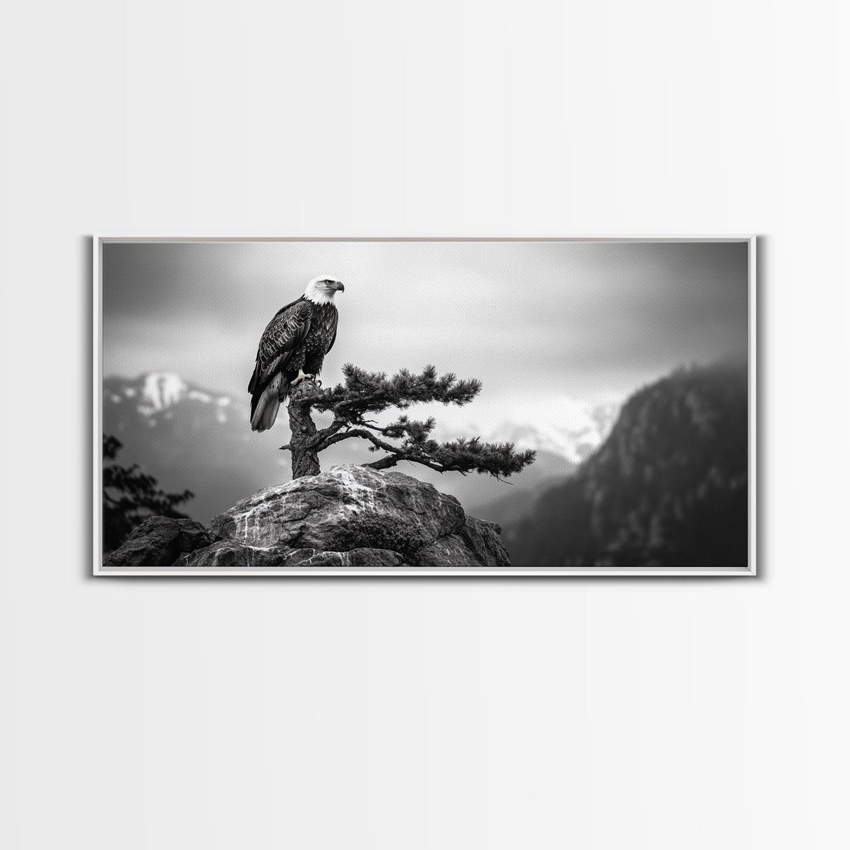 Majestic Bald Eagle, pine tree art, bird art, nature photography, mountain painting, wildlife art, extra wide art, framed canvas print