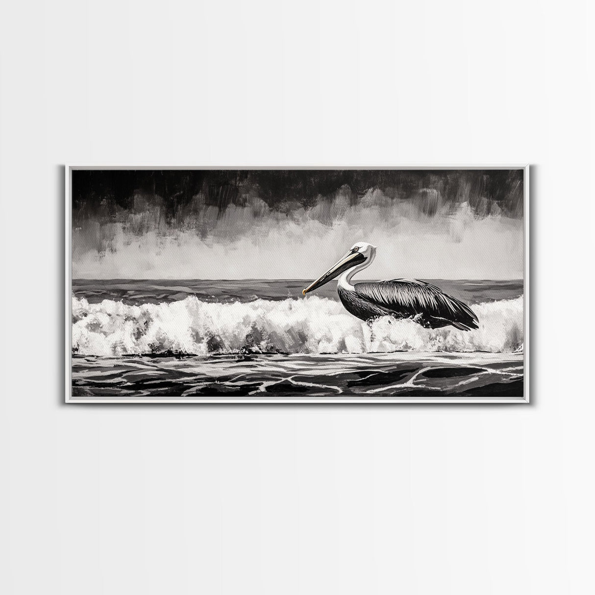 Pelican, coastal wall art, nautical painting, black and white art, seascape painting, ocean bird, Framed Canvas Print, beach decor