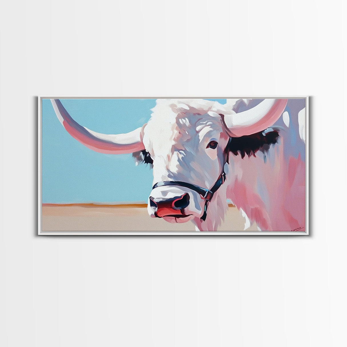 Longhorn Cow Portrait, Rustic Farmhouse Wall Art, Southwest Decor, Western Painting, Framed Canvas Print, Country Living Gift Idea