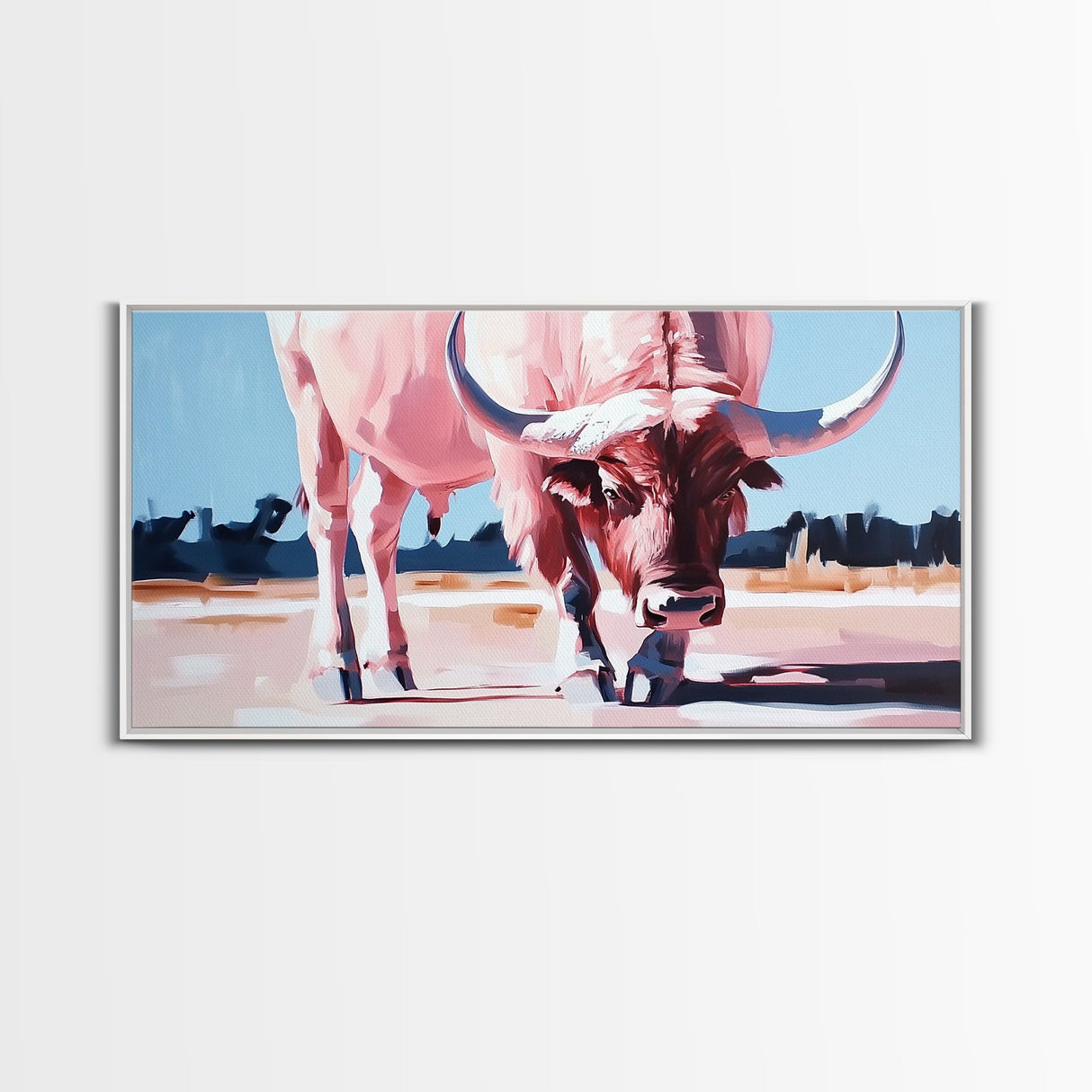 Texas Longhorn, rustic decor, bull and bear art, southwest wall art, pink orange wall art, extra wide art, framed canvas print