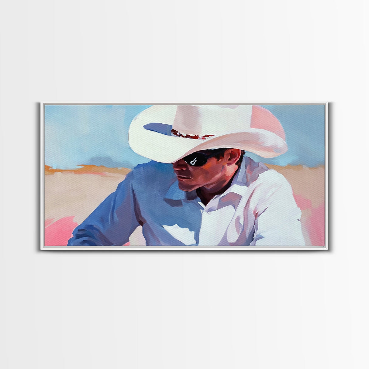Cowboy Painting, Western Art, Rustic Wall Art, Coastal Cowgirl Art, Lofi Art, Chicano Art, Framed Canvas Print, Extra Wide Art, Panoramic Art