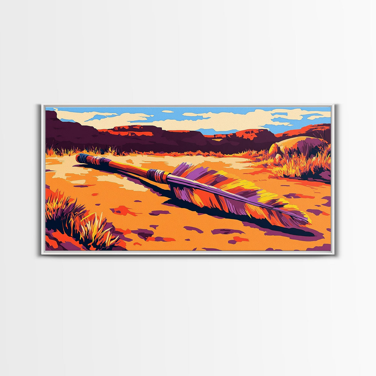 Fallen Arrow, rustic wall art, cowboy painting, southwest wall art, desert landscape, panoramic art, Framed Canvas Print, farmhouse decor, bold