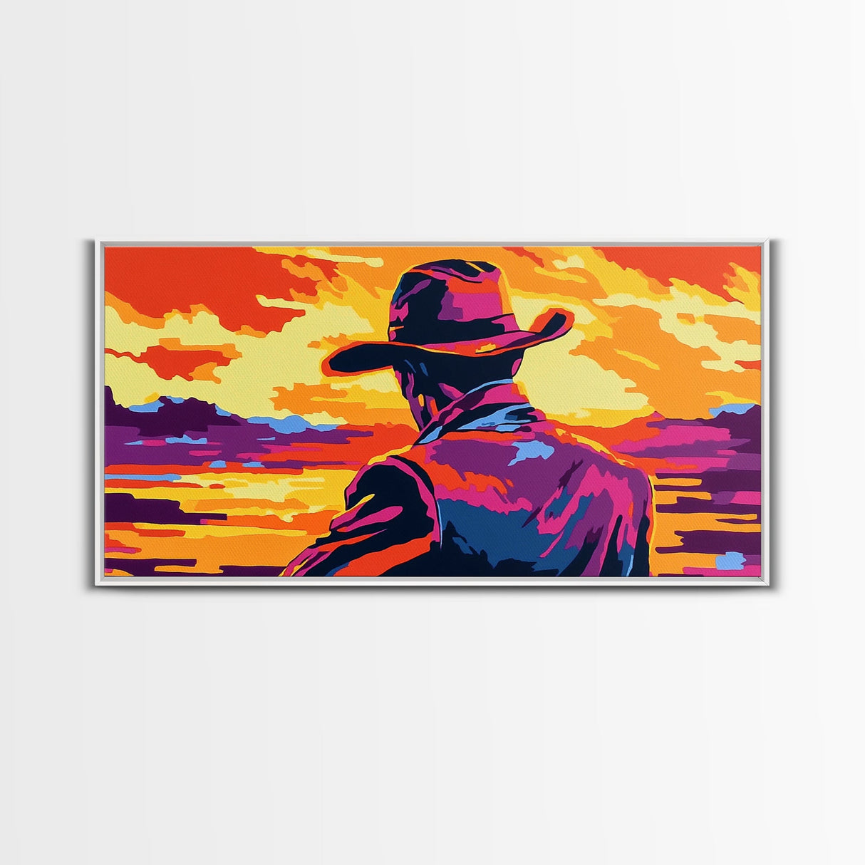 Cowboy, western silhouette, sunset art, ranch aesthetic, moody wall art, bold colors, extra wide art, rustic decor, framed canvas print