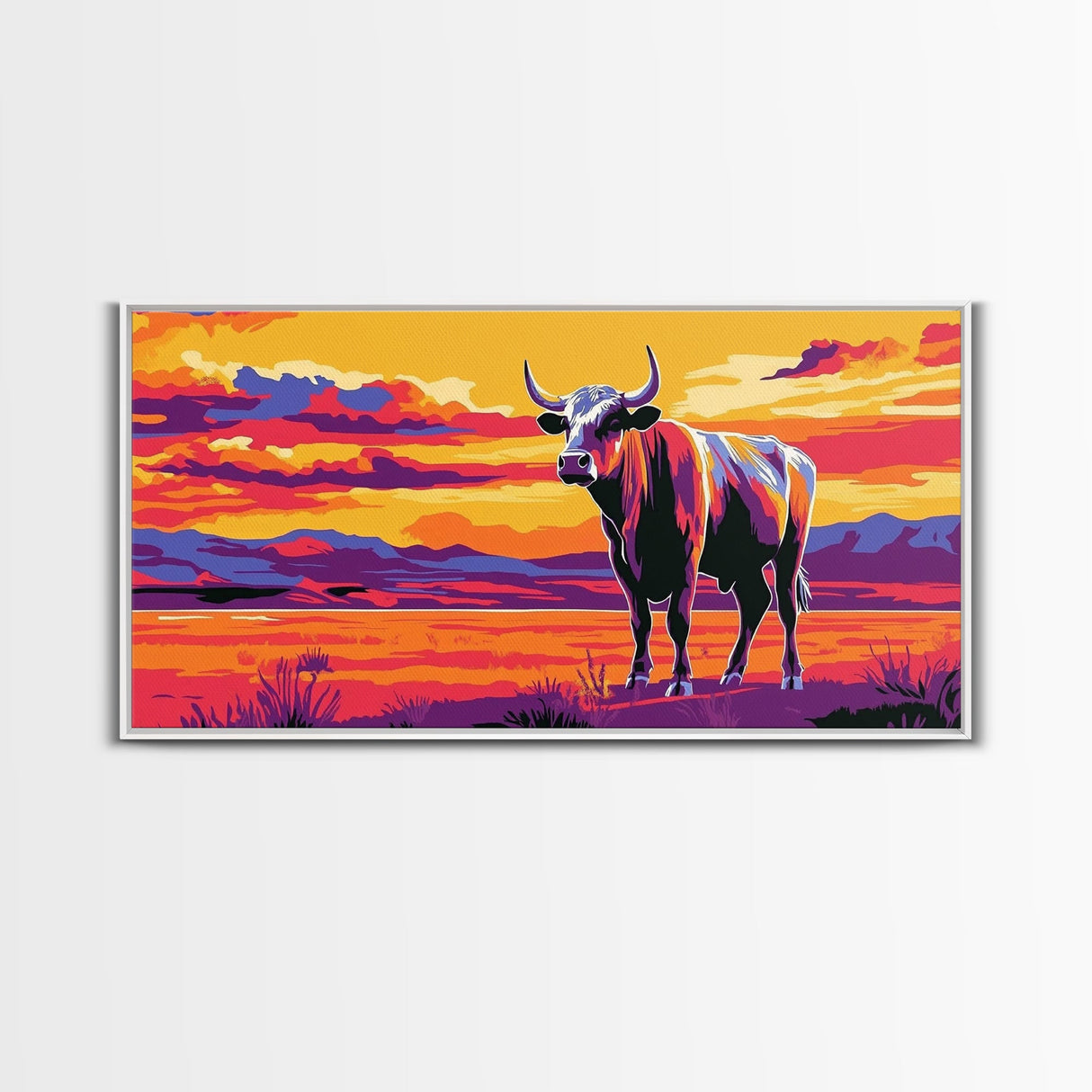 Bull, cattle, western ranch, cowboy lifestyle, moody colors, rustic home decor, scenic landscape, extra wide art, canvas print